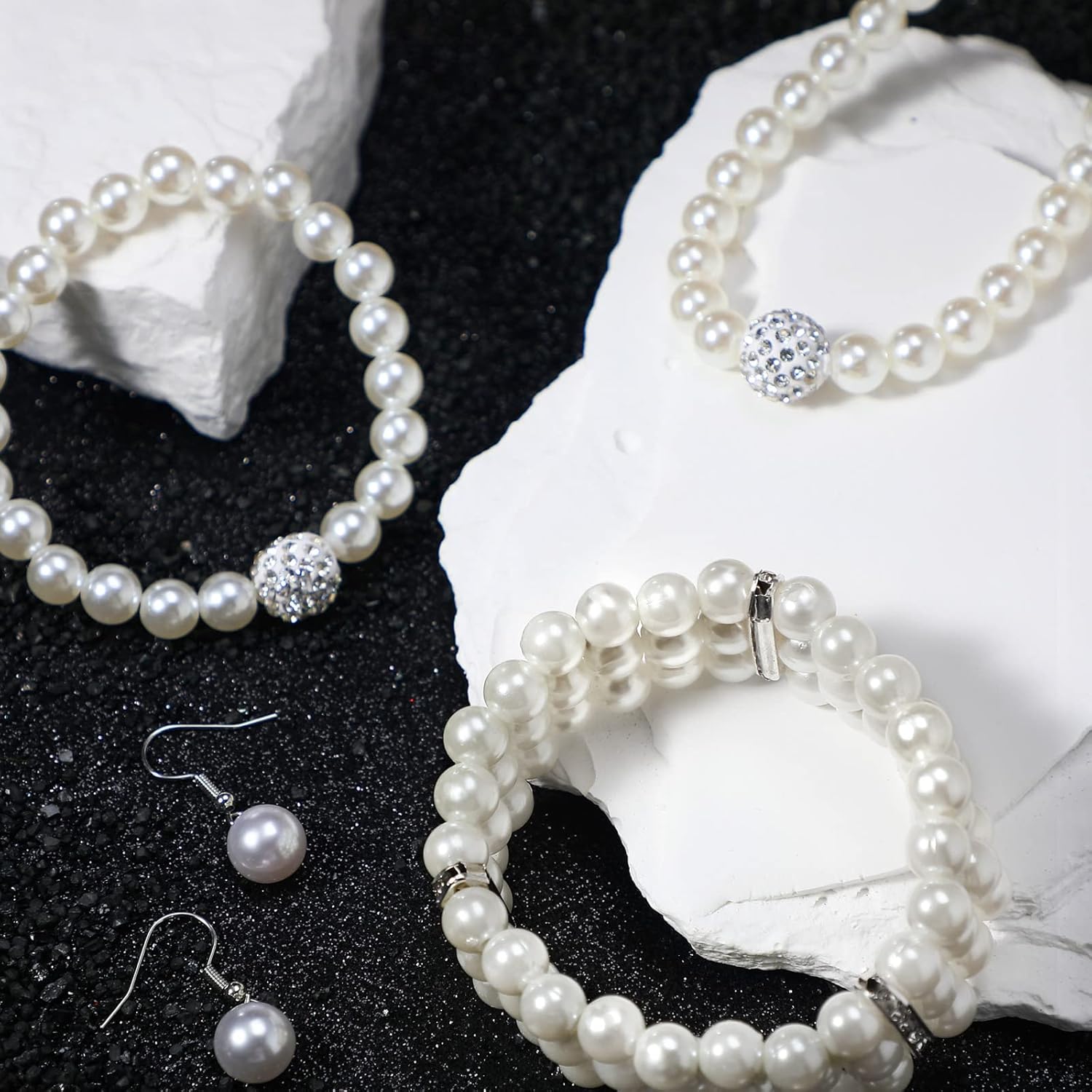 Glenmal Pearl Rhinestone Jewelry Set for Women Pearl Necklace Bracelet Earrings for Wedding Birthday Bridal Shower Tea Party - Image 6