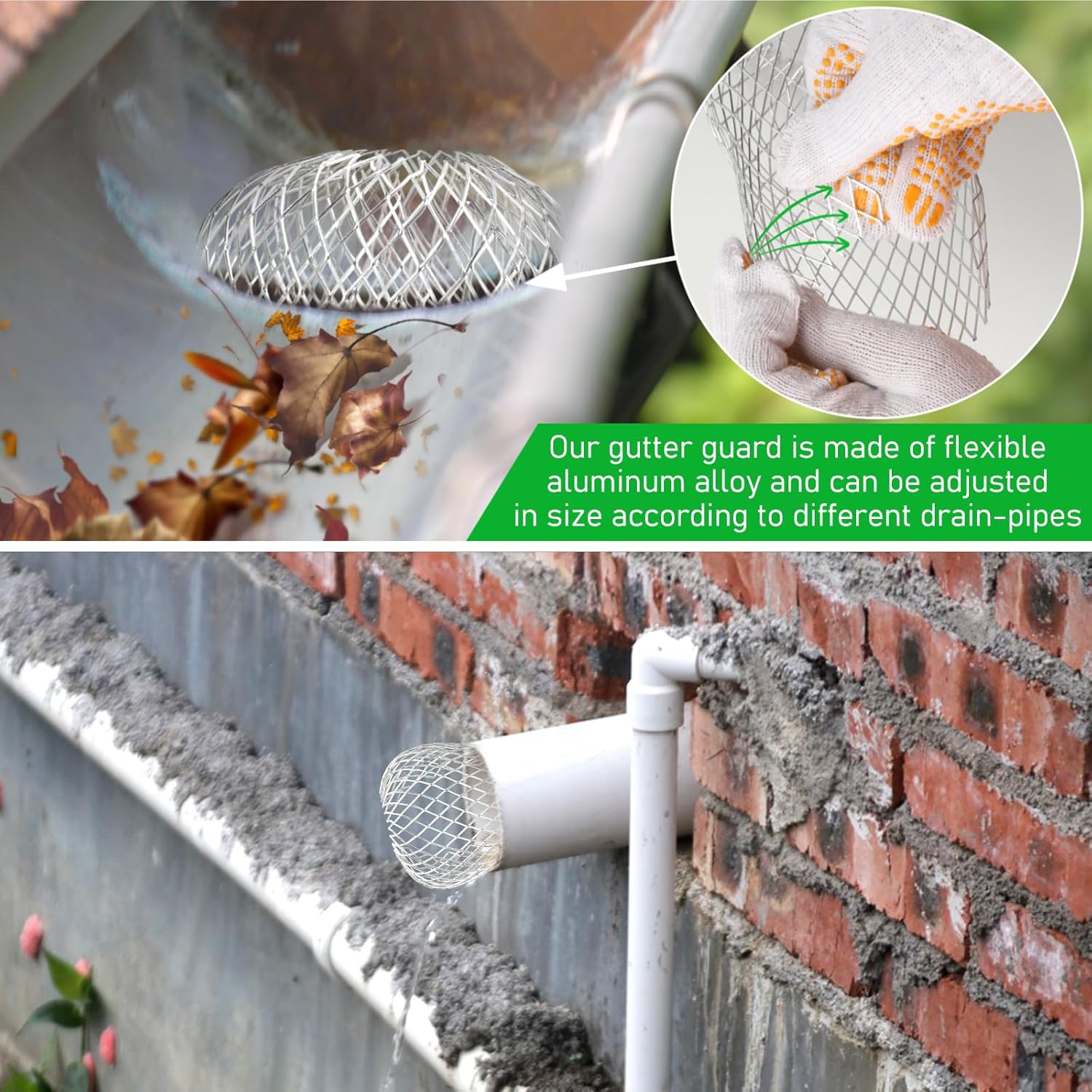 CONLI 8 Pack Gutter Guard, 3.5 Inch Expandable Aluminum Downspout Filter, Leaf Guards for Gutters, Gutter Downpipe Guard for Preventing Blockage from Leaves, Debris - Image 1