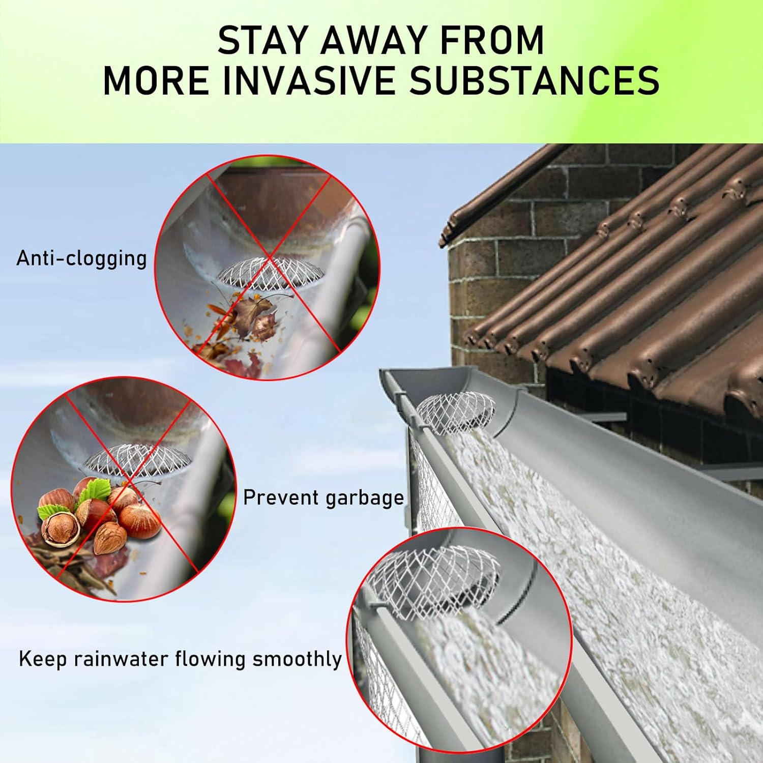 CONLI 8 Pack Gutter Guard, 3.5 Inch Expandable Aluminum Downspout Filter, Leaf Guards for Gutters, Gutter Downpipe Guard for Preventing Blockage from Leaves, Debris - Image 4