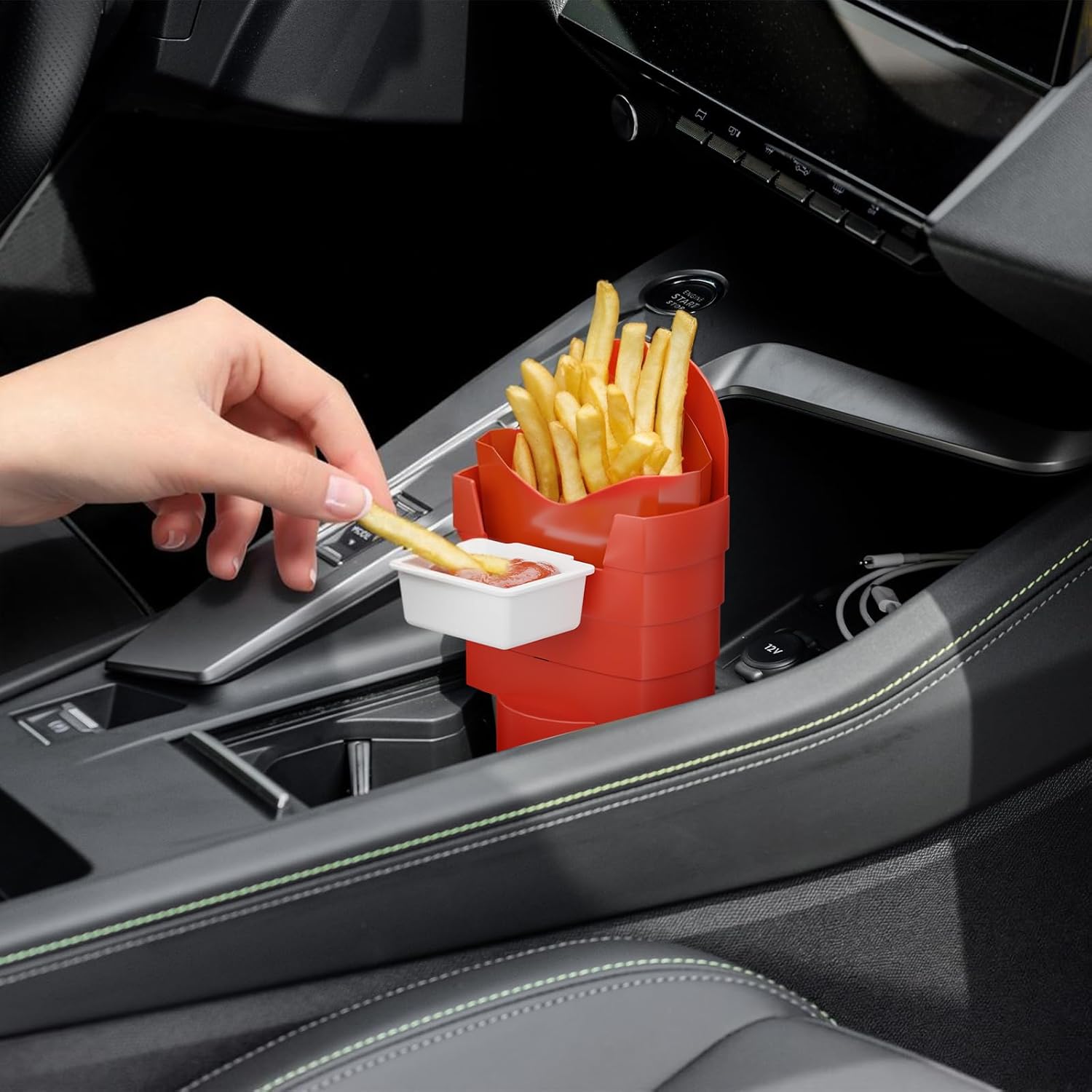 French Fry Holder and Dip Sauce Holder Set for Car, Mini Sauce Holder for On-The-Go Snacking, Idea for Men and Women Stocking Stuffer, for Holiday Present (Red) - Image 1