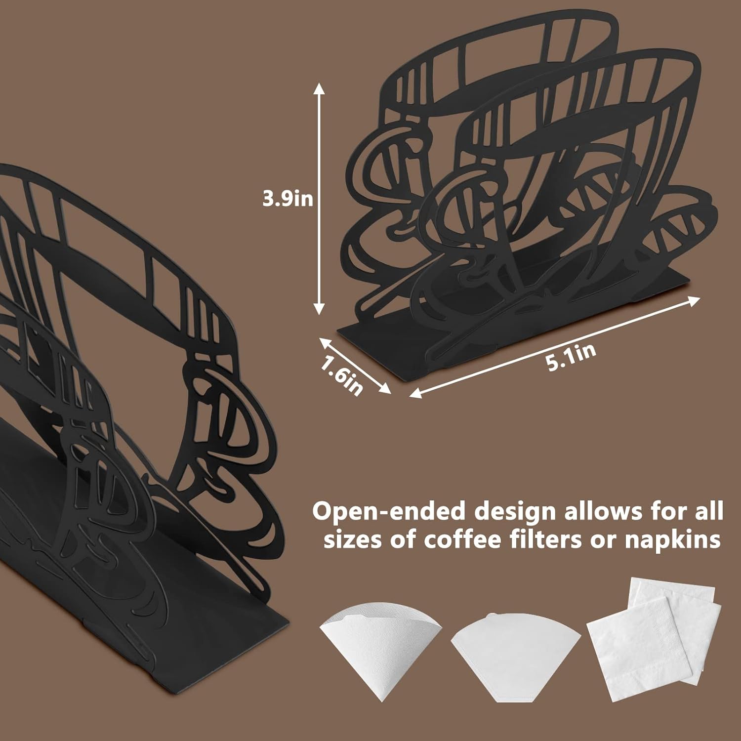 Metal Coffee Filter Stand - Holder & Rack for Coffee Filters, Paper Towels & Napkins - Vertical, Cone & Square Shaped (Black) - Image 1