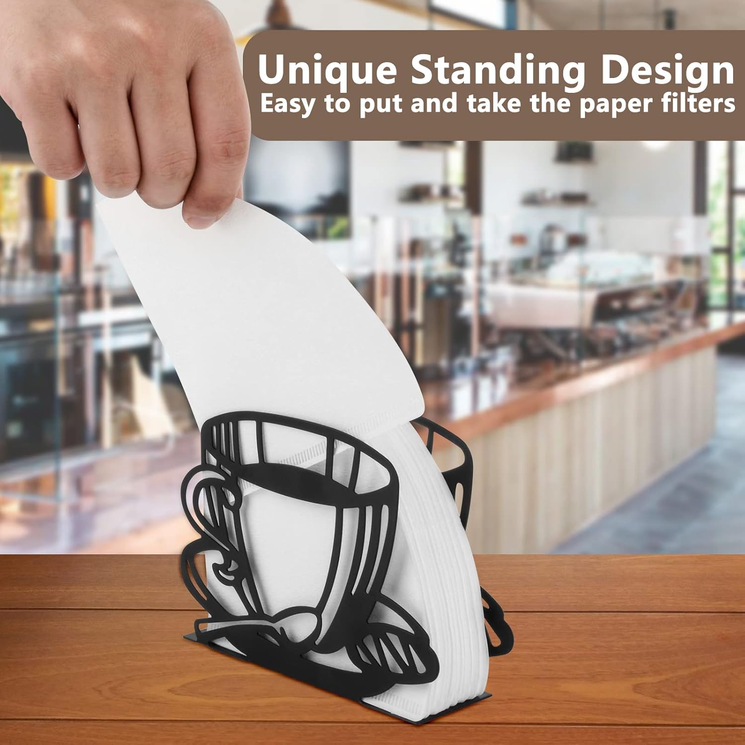 Metal Coffee Filter Stand - Holder & Rack for Coffee Filters, Paper Towels & Napkins - Vertical, Cone & Square Shaped (Black) - Image 2