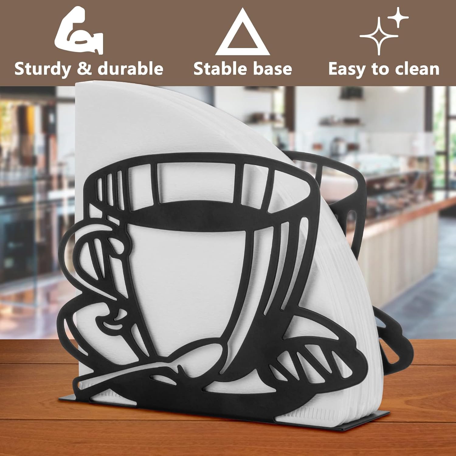 Metal Coffee Filter Stand - Holder & Rack for Coffee Filters, Paper Towels & Napkins - Vertical, Cone & Square Shaped (Black) - Image 3
