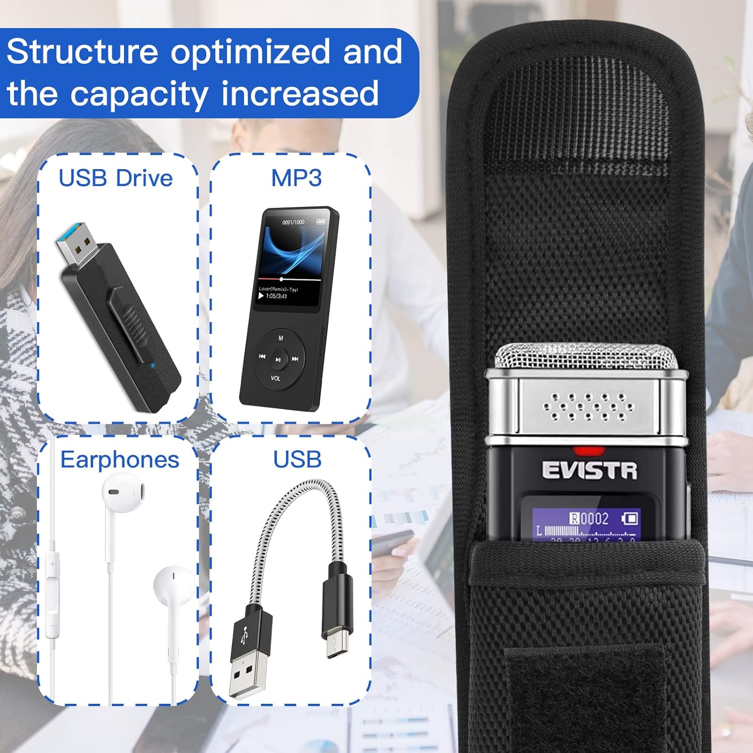 1680D Carrying Case for Digital Voice Recorders, Hard Bag with Carabiner for EVISTR 16GB, Sony ICD-UX570, PX370/470/560 Digital Voice Recorder, USB, MP3 - Image 4
