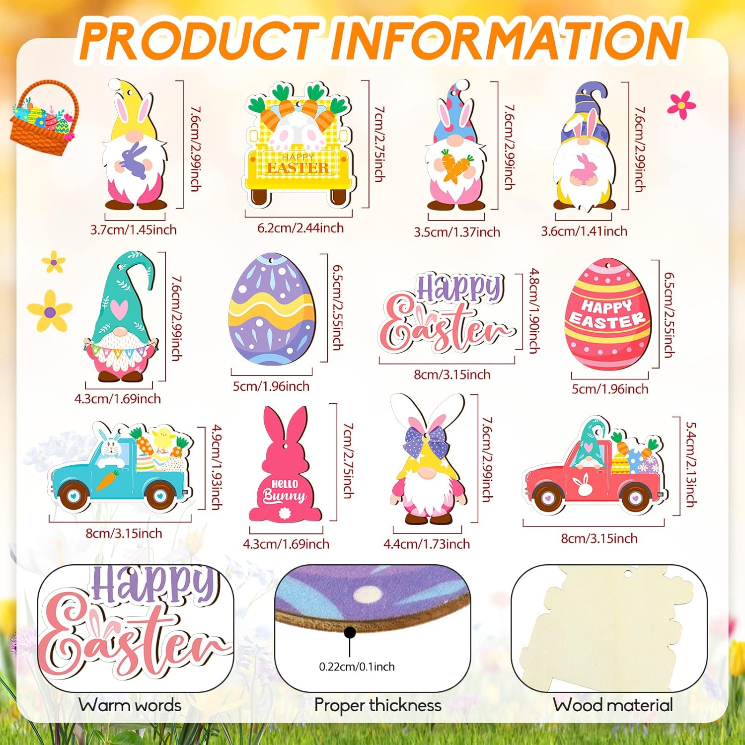 Glenmal 36 Pcs Happy Easter Ornaments for Tree Easter Wooden Hanging Ornaments Egg Bunny Tree Decorations Spring Gnome Chick Wood Slices Pendant with Rope for Home Spring Party Decor - Image 1