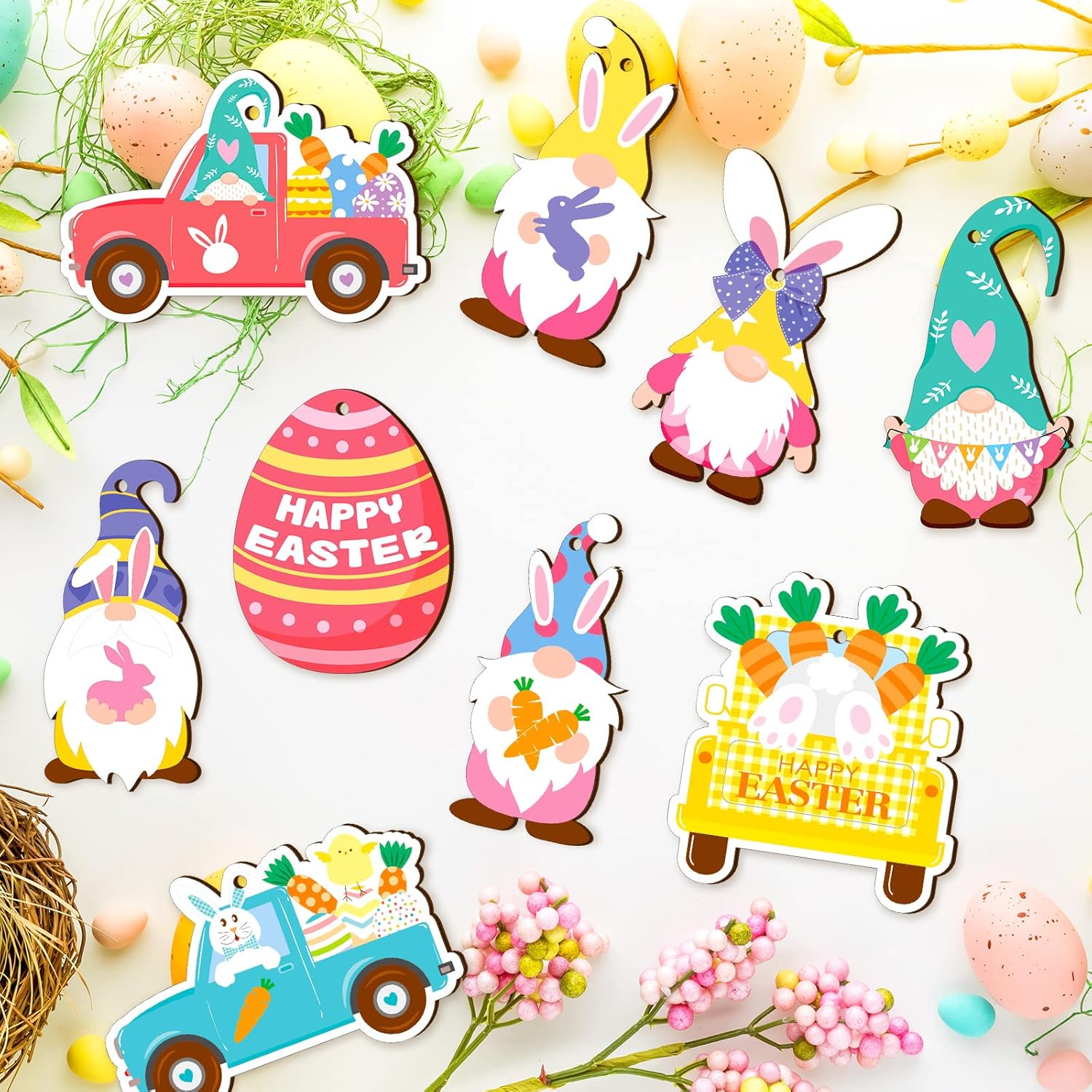 Glenmal 36 Pcs Happy Easter Ornaments for Tree Easter Wooden Hanging Ornaments Egg Bunny Tree Decorations Spring Gnome Chick Wood Slices Pendant with Rope for Home Spring Party Decor - Image 2