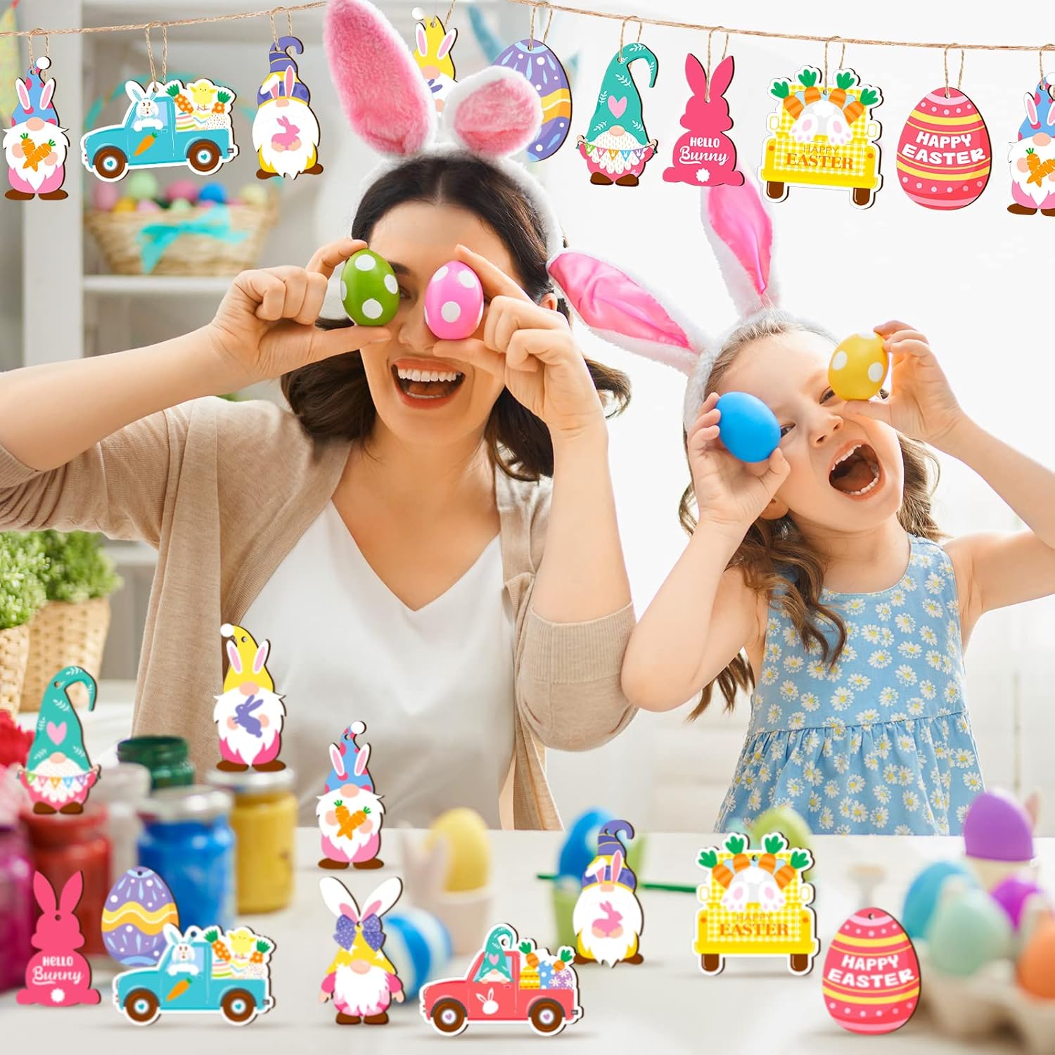 Glenmal 36 Pcs Happy Easter Ornaments for Tree Easter Wooden Hanging Ornaments Egg Bunny Tree Decorations Spring Gnome Chick Wood Slices Pendant with Rope for Home Spring Party Decor - Image 3