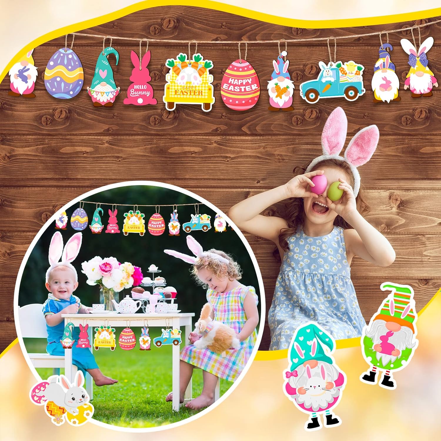 Glenmal 36 Pcs Happy Easter Ornaments for Tree Easter Wooden Hanging Ornaments Egg Bunny Tree Decorations Spring Gnome Chick Wood Slices Pendant with Rope for Home Spring Party Decor - Image 4