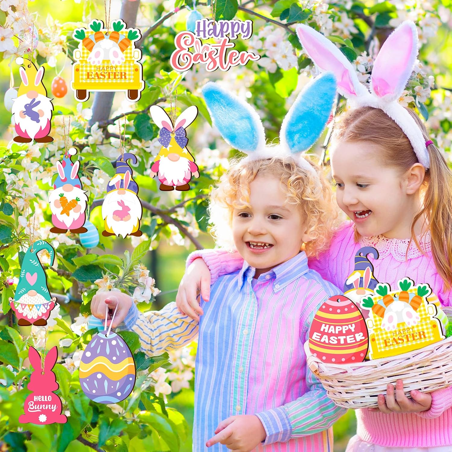Glenmal 36 Pcs Happy Easter Ornaments for Tree Easter Wooden Hanging Ornaments Egg Bunny Tree Decorations Spring Gnome Chick Wood Slices Pendant with Rope for Home Spring Party Decor - Image 5