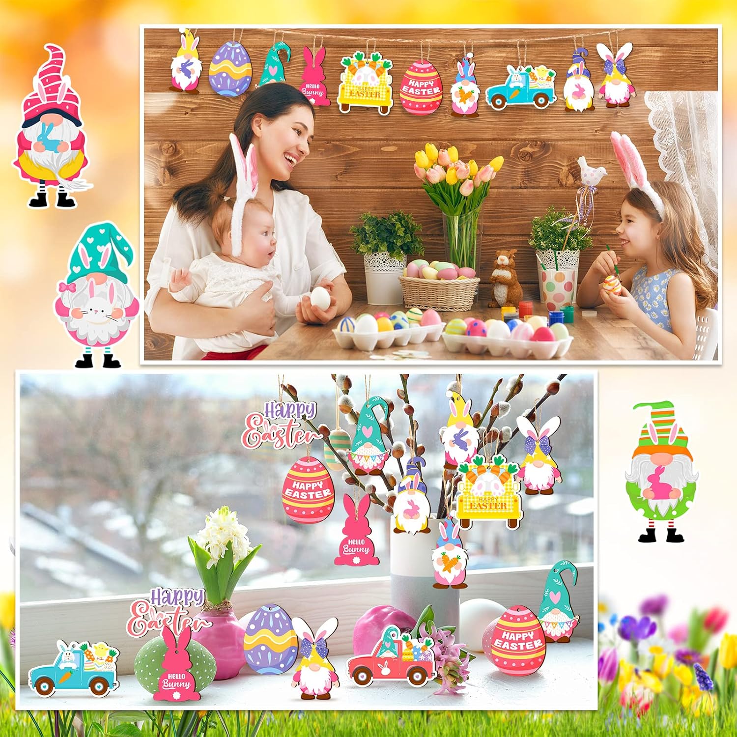 Glenmal 36 Pcs Happy Easter Ornaments for Tree Easter Wooden Hanging Ornaments Egg Bunny Tree Decorations Spring Gnome Chick Wood Slices Pendant with Rope for Home Spring Party Decor - Image 6