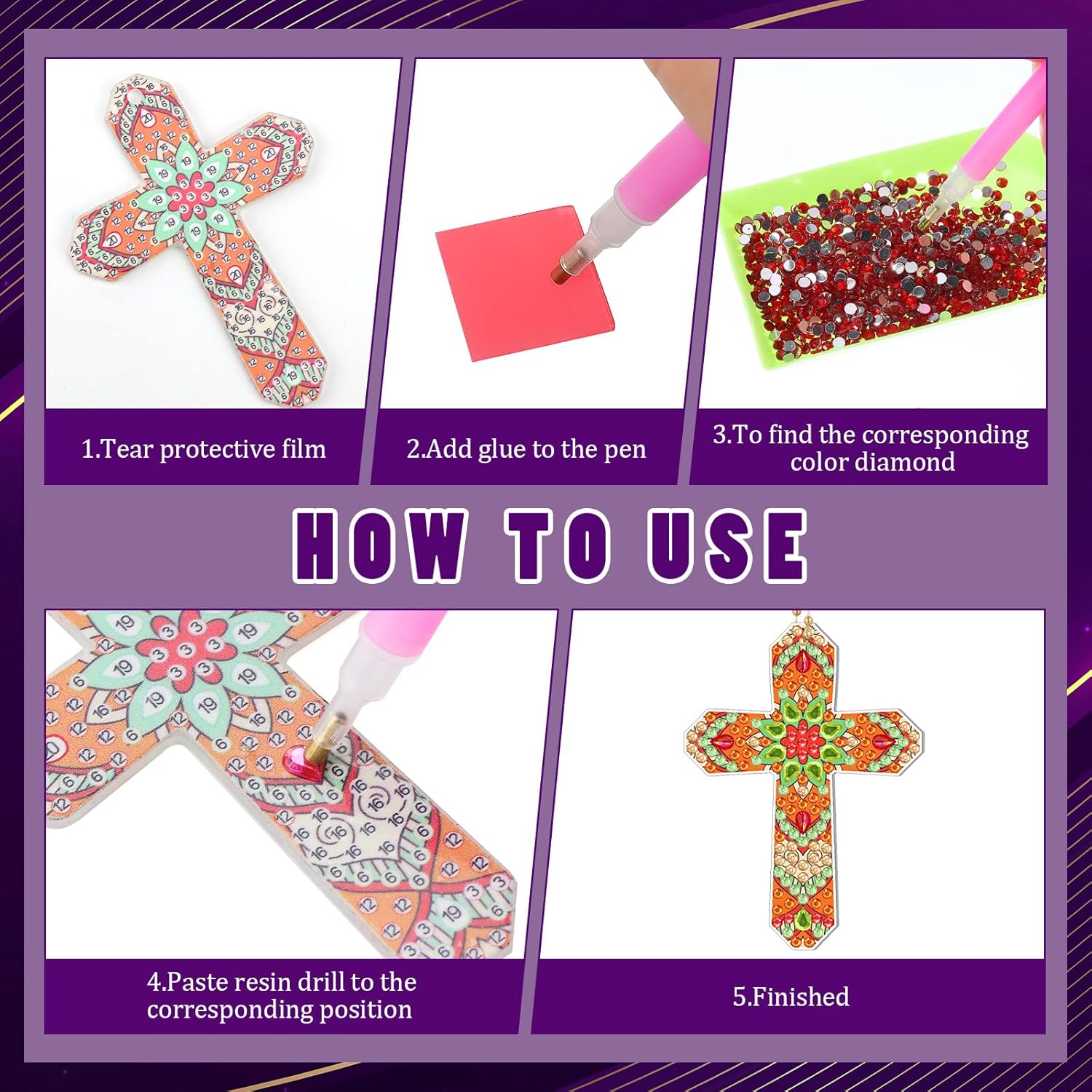 Glenmal 12 Pcs Easter Diamond Painting Keychains Cross Diamond Art Keychains Kits for Adults Religious Crosses Ornaments 5D Key Chain Christian Rhinestones Bookmarks Key Rings for DIY Crafts Gifts - Image 4