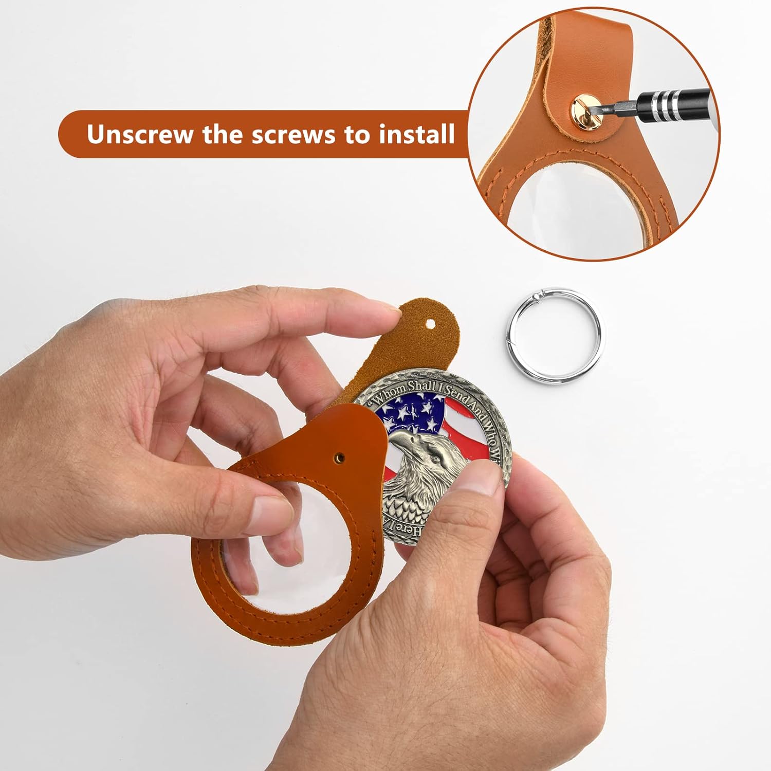 Homakover AA Medallion Coin Holder Keychain,Genuine Leather Standard Challenge Coin Sleeves,Snap Open Display Case - Image 2