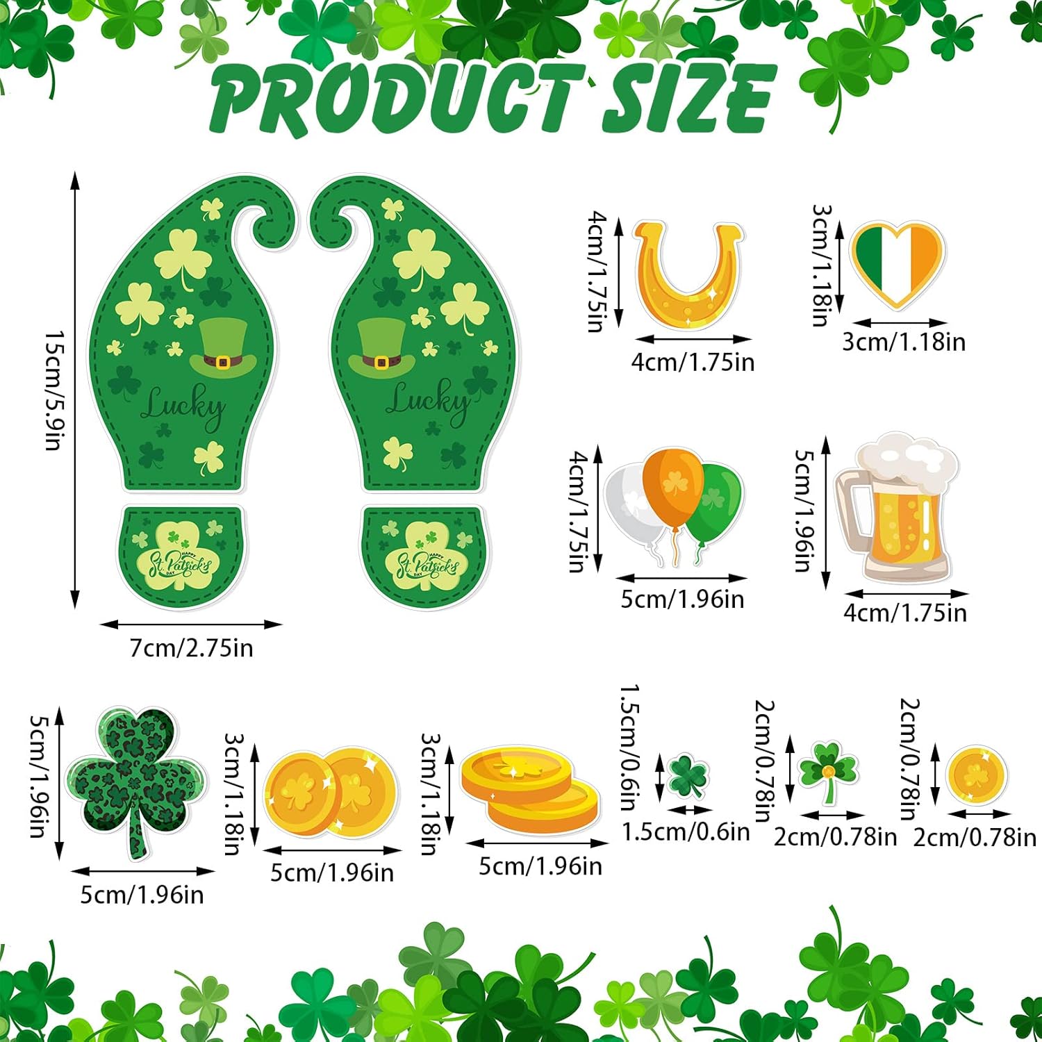 10 Sheets 150 Pcs Leprechaun Footprints Floor Decals Stickers St. Patrick's Day Decorations Shamrock Self Adhesive Shamrock Gold Coin Stickers for Office Home Window Party Supplies - Image 1