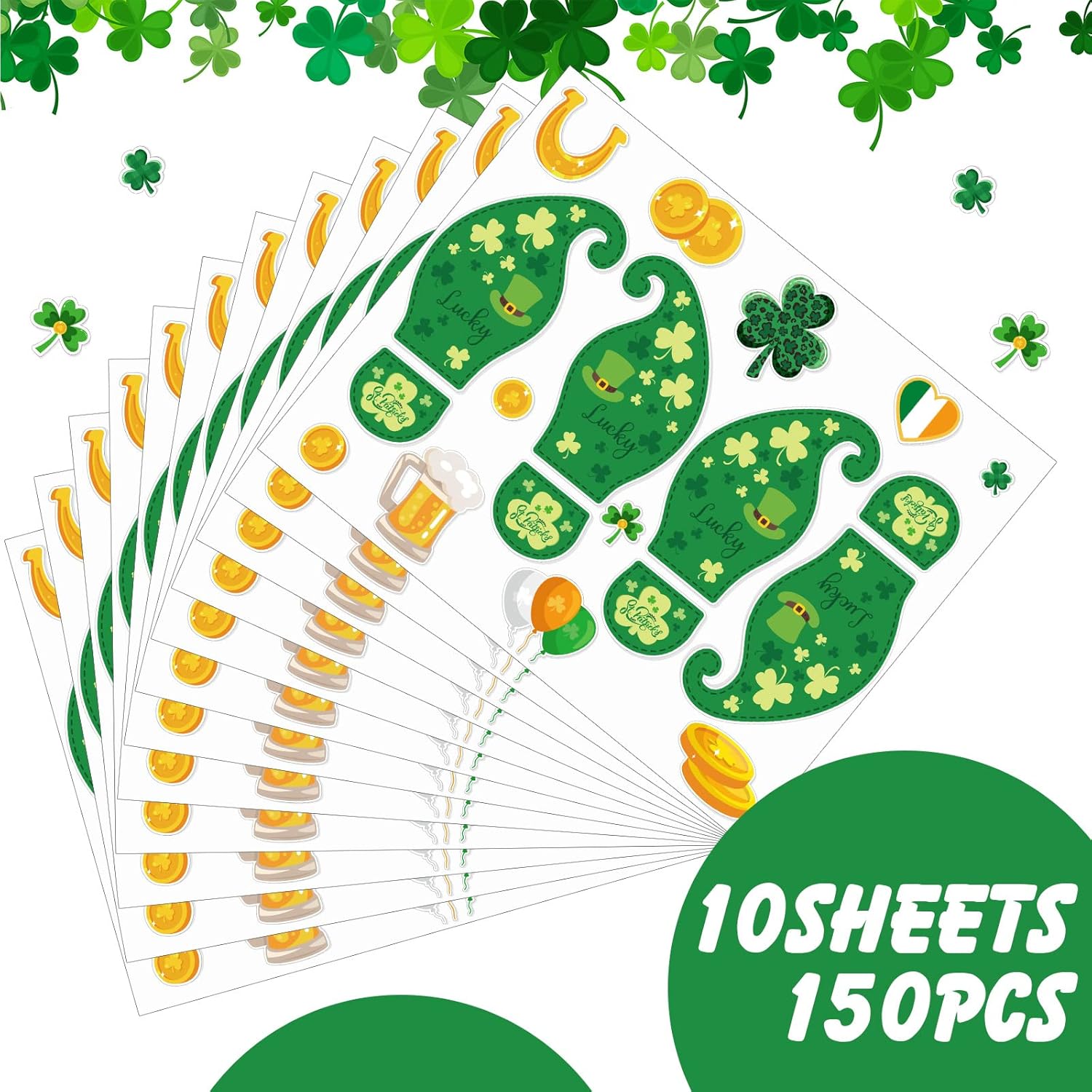 10 Sheets 150 Pcs Leprechaun Footprints Floor Decals Stickers St. Patrick's Day Decorations Shamrock Self Adhesive Shamrock Gold Coin Stickers for Office Home Window Party Supplies - Image 2
