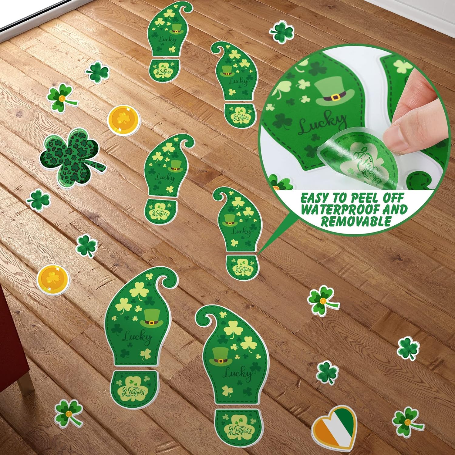 10 Sheets 150 Pcs Leprechaun Footprints Floor Decals Stickers St. Patrick's Day Decorations Shamrock Self Adhesive Shamrock Gold Coin Stickers for Office Home Window Party Supplies - Image 3