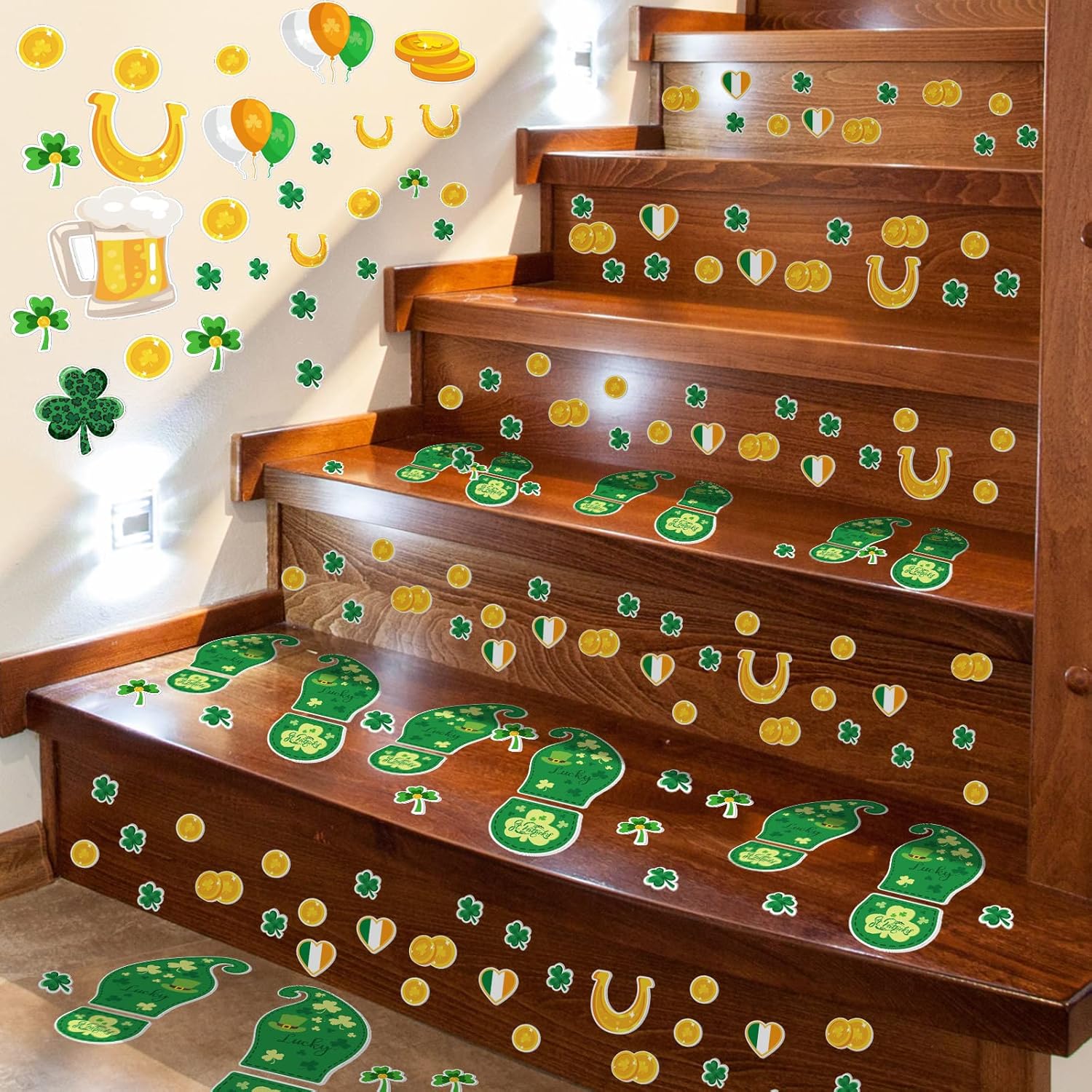 10 Sheets 150 Pcs Leprechaun Footprints Floor Decals Stickers St. Patrick's Day Decorations Shamrock Self Adhesive Shamrock Gold Coin Stickers for Office Home Window Party Supplies - Image 5