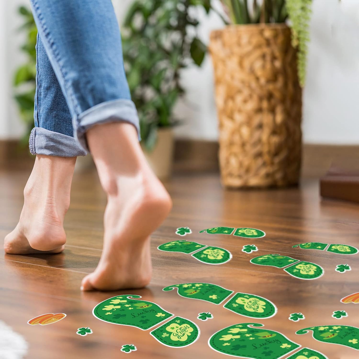 10 Sheets 150 Pcs Leprechaun Footprints Floor Decals Stickers St. Patrick's Day Decorations Shamrock Self Adhesive Shamrock Gold Coin Stickers for Office Home Window Party Supplies - Image 6