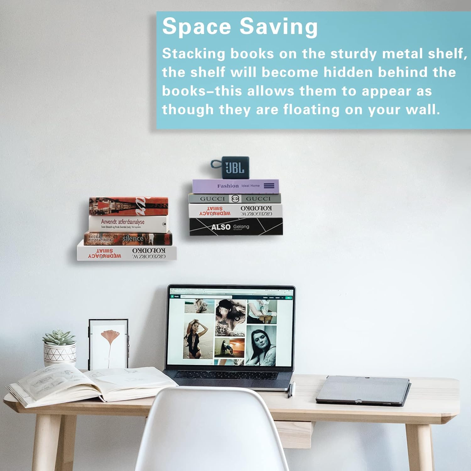 Homakover Invisible Floating Bookshelves, Heavy-Duty Book Organizers, Wall Mounted Bookshelf, Iron Storage Shelves for Bedroom, Living Room, Office (Small) (2 Pieces, White) - Image 7
