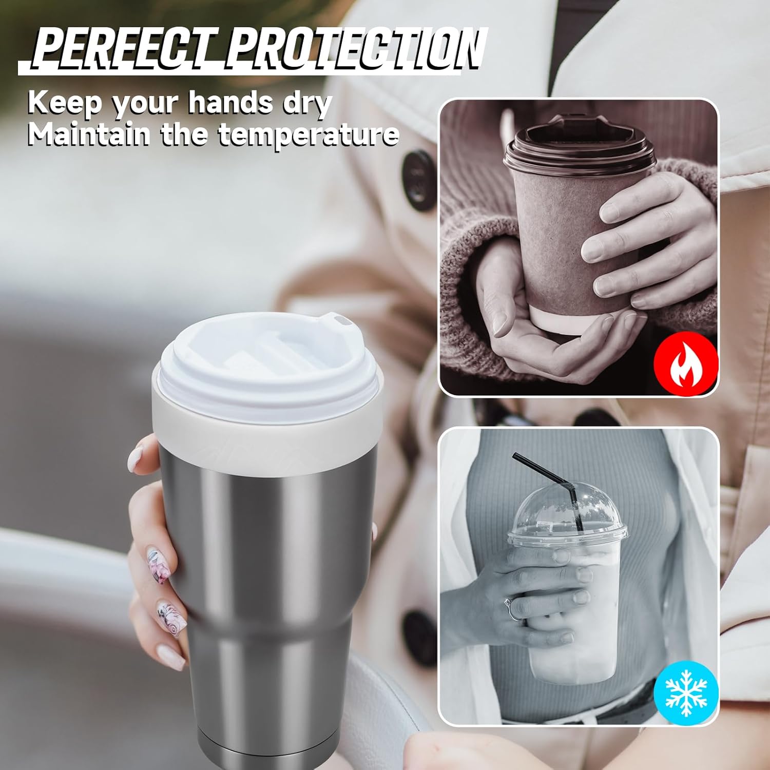 Silicone Ring for 30 & 40 oz Stainless Steel Tumbler,Reusable Iced Coffee Cup Ring,Durable Drink Sleeve for Cold Beverages, Leak-Proof Lid for Iced Coffee,Hot Drinks (White x 2) - Image 3