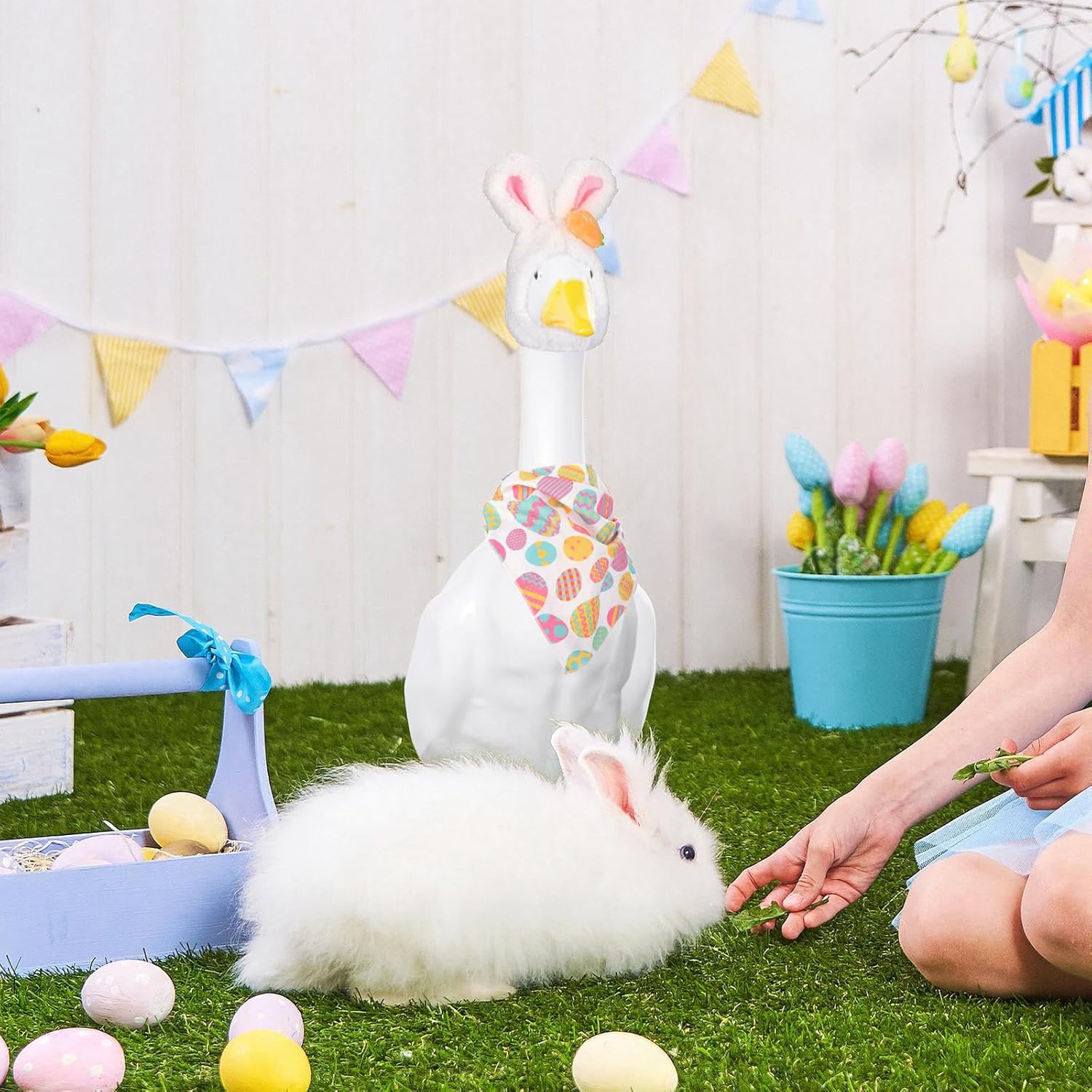 Homakover Easter Bunny Porch Goose Outfits, Easter Goose Costume Includes Bunny Ear Hat and Scarf for Cement Goose 23