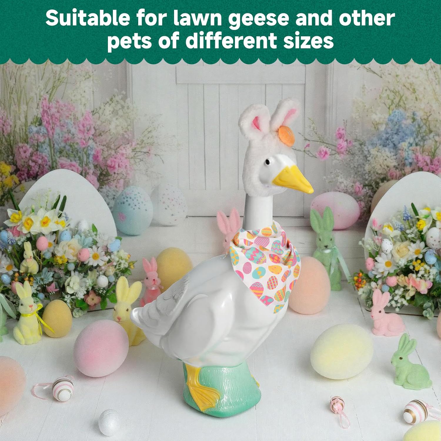 Homakover Easter Bunny Porch Goose Outfits, Easter Goose Costume Includes Bunny Ear Hat and Scarf for Cement Goose 23