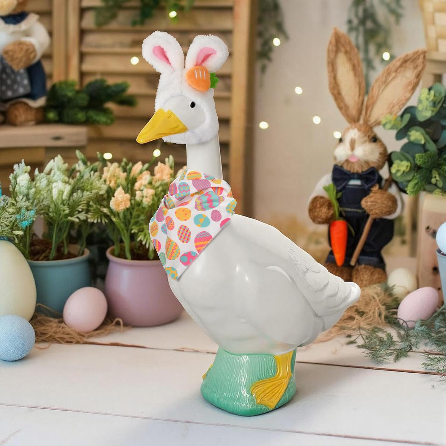 Homakover Easter Bunny Porch Goose Outfits, Easter Goose Costume Includes Bunny Ear Hat and Scarf for Cement Goose 23