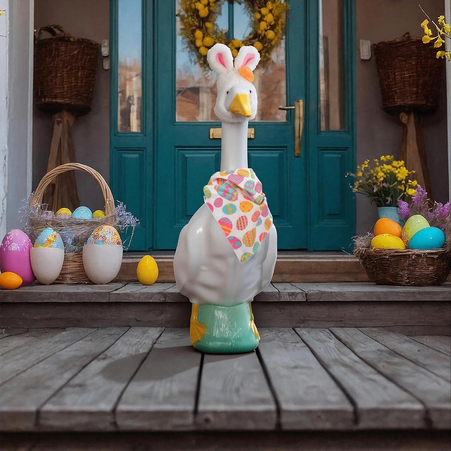 Homakover Easter Bunny Porch Goose Outfits, Easter Goose Costume Includes Bunny Ear Hat and Scarf for Cement Goose 23