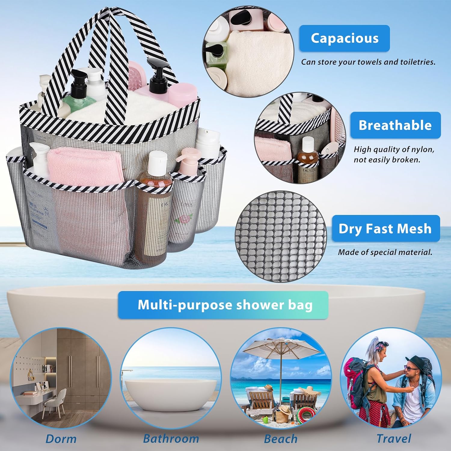 2 Pack Mesh Shower Caddy Portable for College Dorm Room Essentials with 8 Pockets, Hanging Shower Caddy Dorm Basket, Quick Dry Shower Bag for Bathroom - Image 2