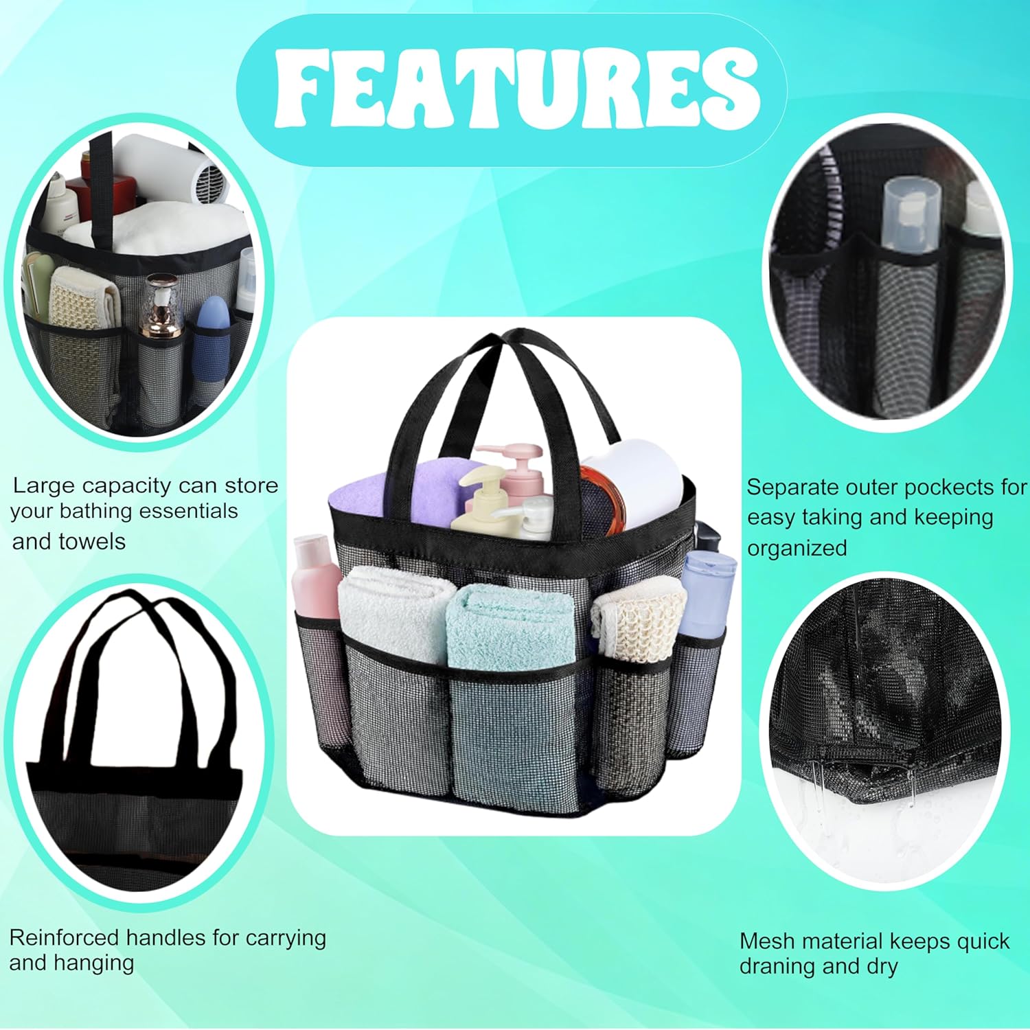 Mesh Shower Caddy Portable, Quick Dry Hanging Shower Tote Bag for College Dorm Room Essentials, Large Capacity Shower Caddy Dorm for Bathroom Gym Swimming - Image 3