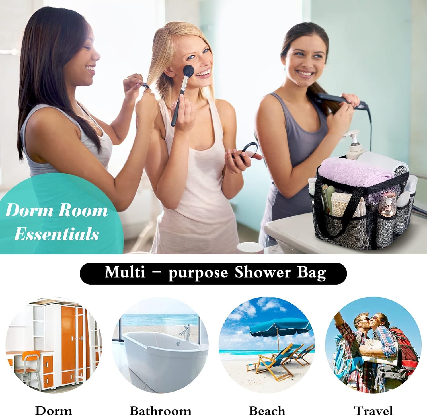 Mesh Shower Caddy Portable, Quick Dry Hanging Shower Tote Bag for College Dorm Room Essentials, Large Capacity Shower Caddy Dorm for Bathroom Gym Swimming - Image 5