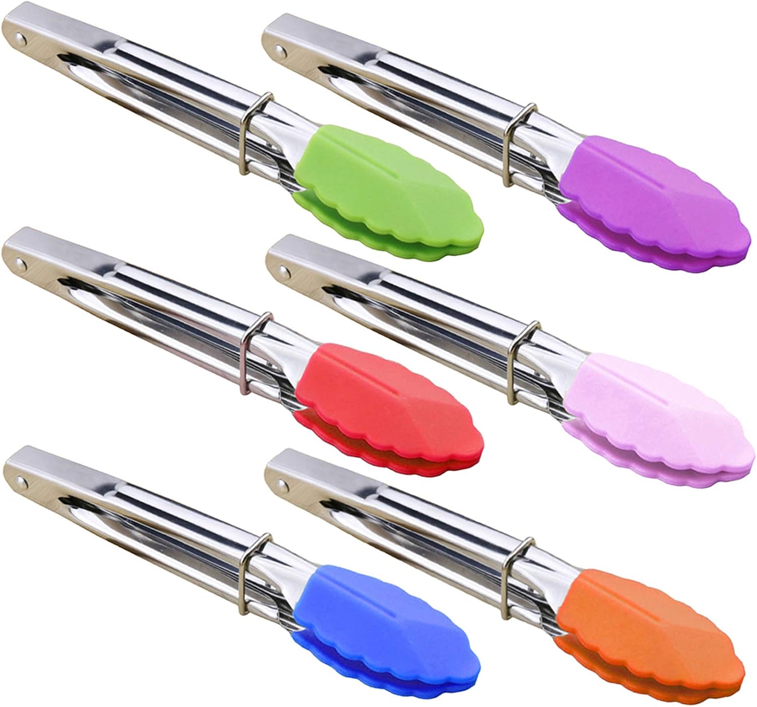 Small Tongs with Silicone Tips 7-Inch Mini Serving Tongs, Set of 6 (Green Red Blue Purple Pink Orange) - Image 1