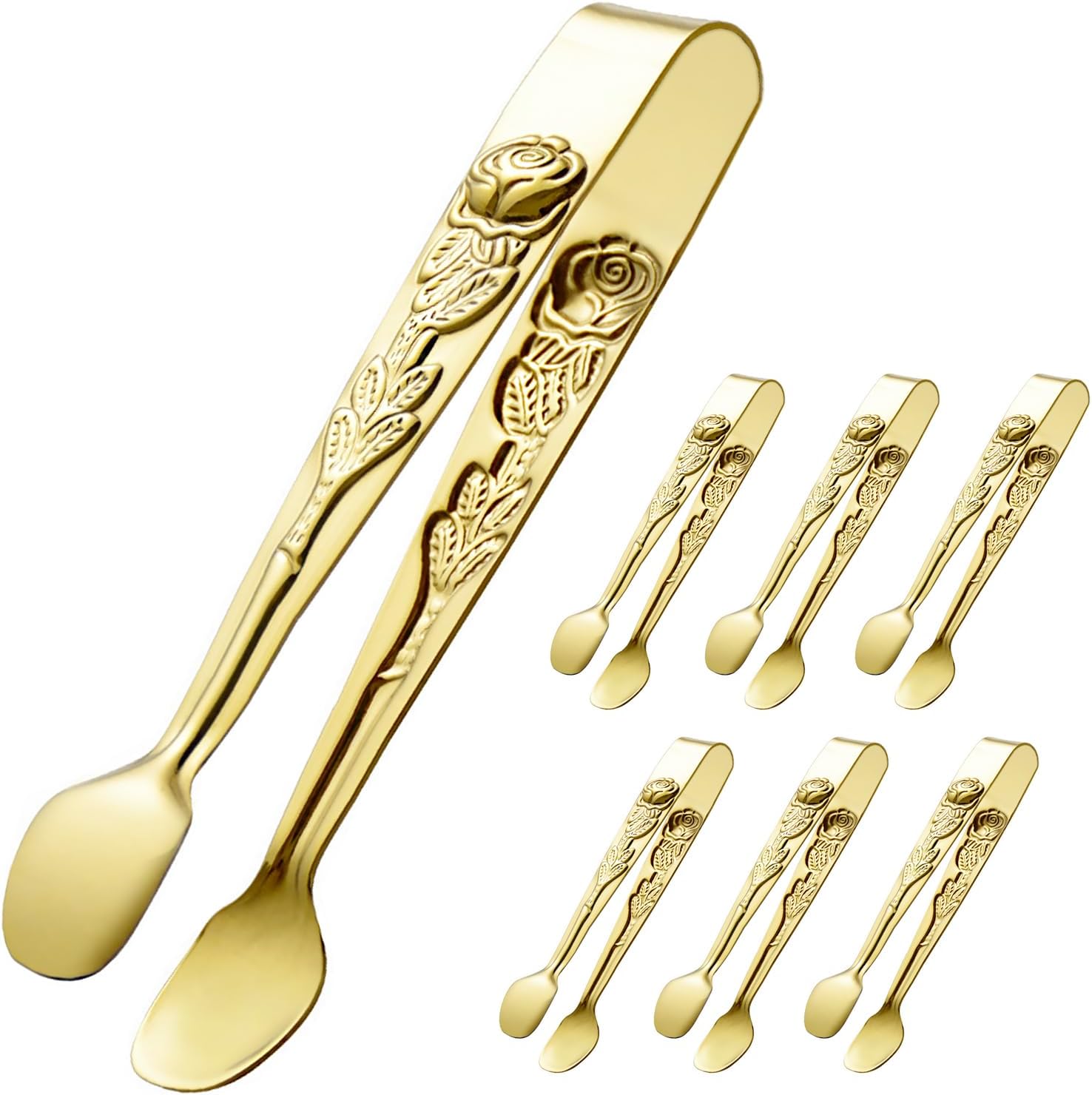 6PCS Mini Serving Tongs 5-Inch Small Rose Sugar Cube Appetizer Tongs, Tiny l Tong for Tea Party, Coffee Bar, Desserts (Gold) - Image 1