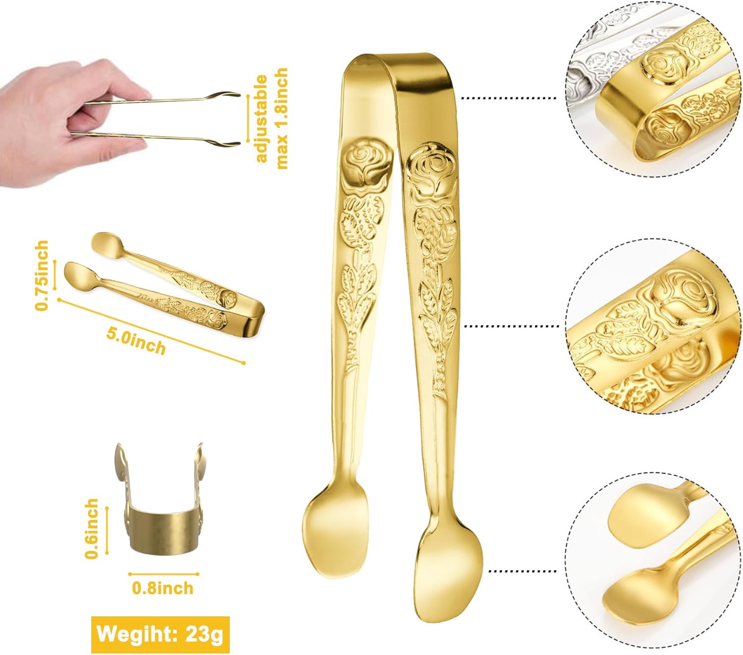 6PCS Mini Serving Tongs 5-Inch Small Rose Sugar Cube Appetizer Tongs, Tiny l Tong for Tea Party, Coffee Bar, Desserts (Gold) - Image 2
