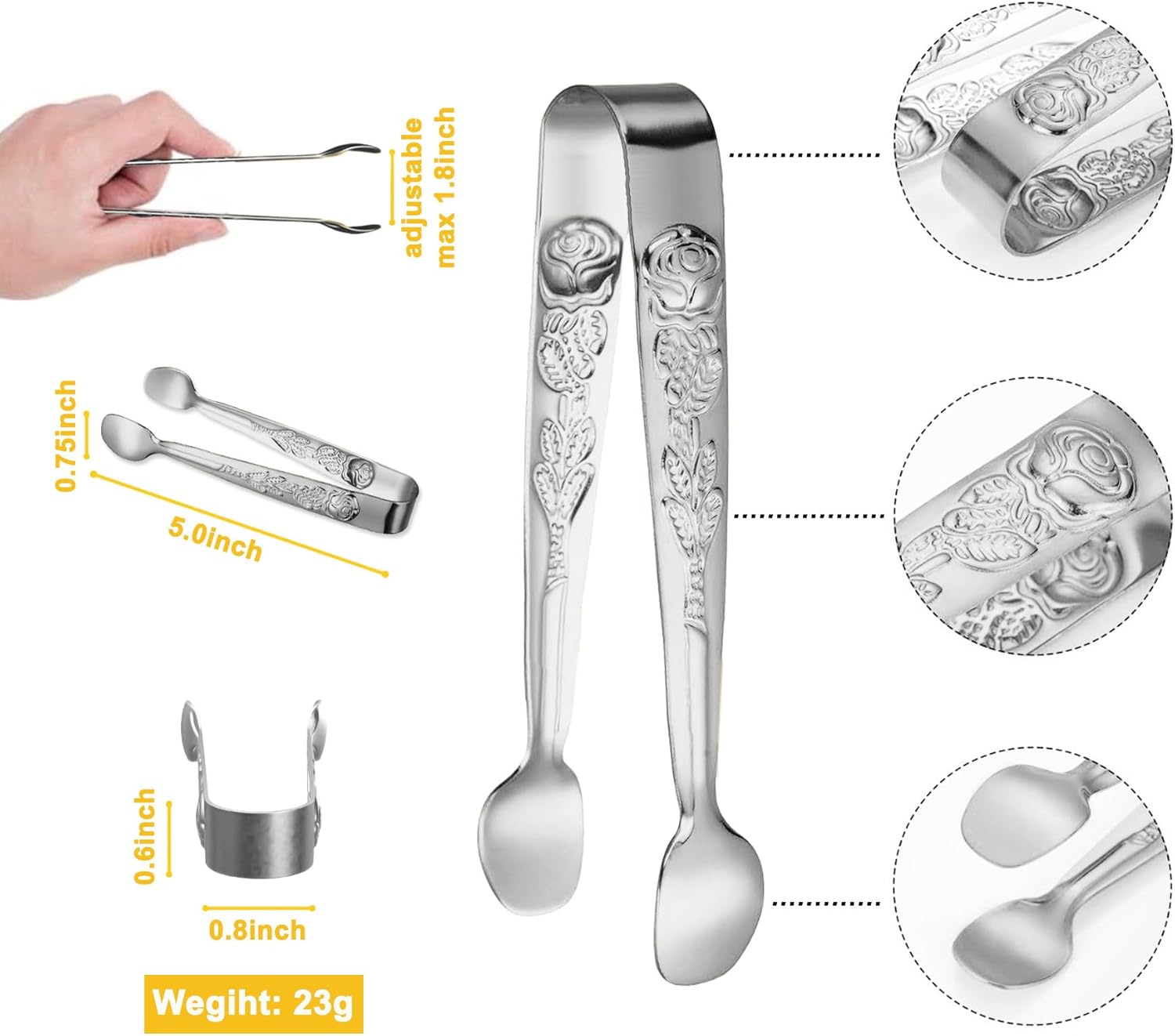 6PCS Mini Serving Tongs 5-Inch Small Sugar Tongs, Tiny Stainless Steel Kitchen Tong for Appetizers, Tea Party, Coffee Bar, Desserts (Silver) - Image 2