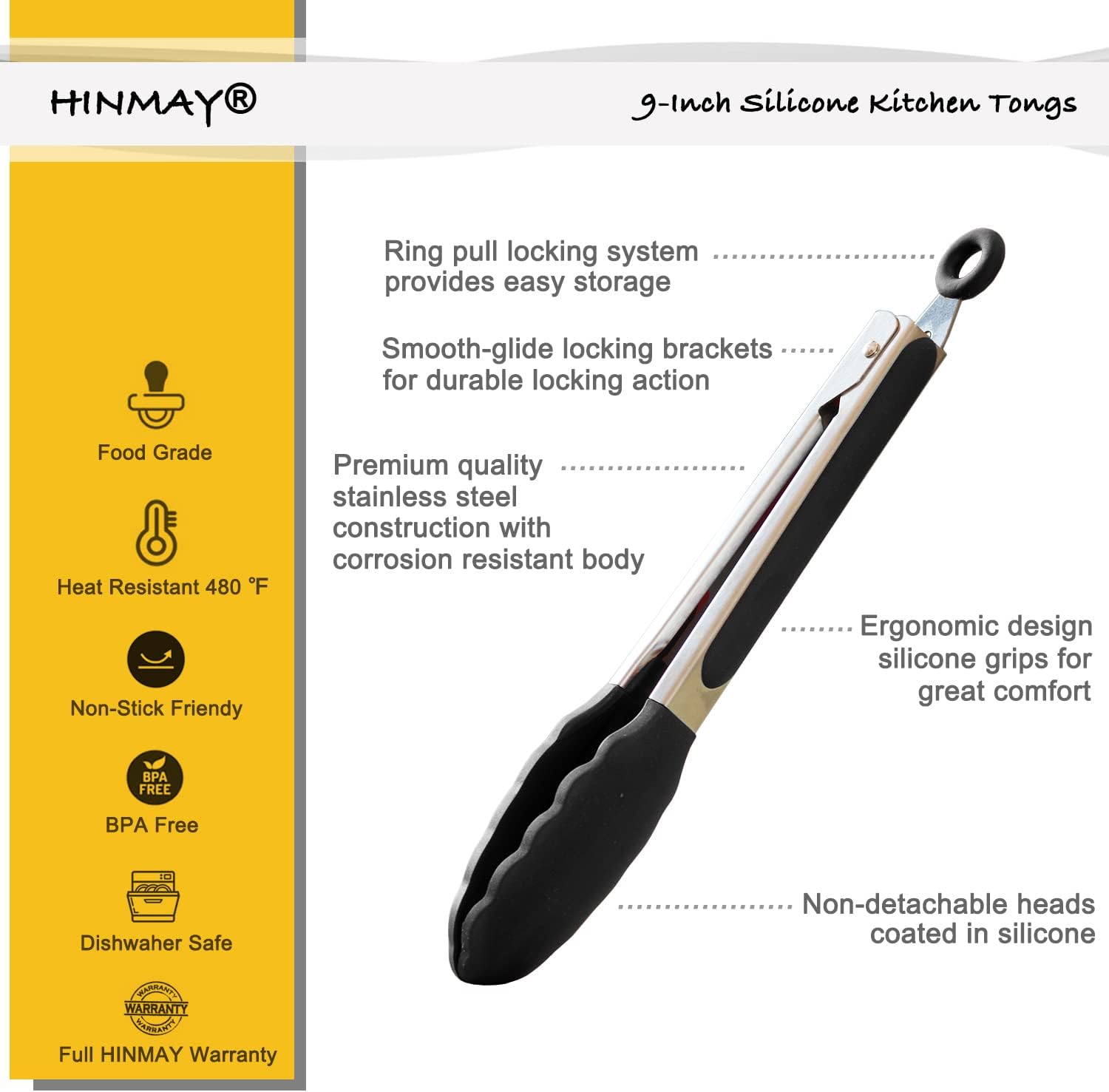 Serving Tongs 9-Inch Cooking Tongs with Silicone Tips, Set of 3 (Black) - Image 2