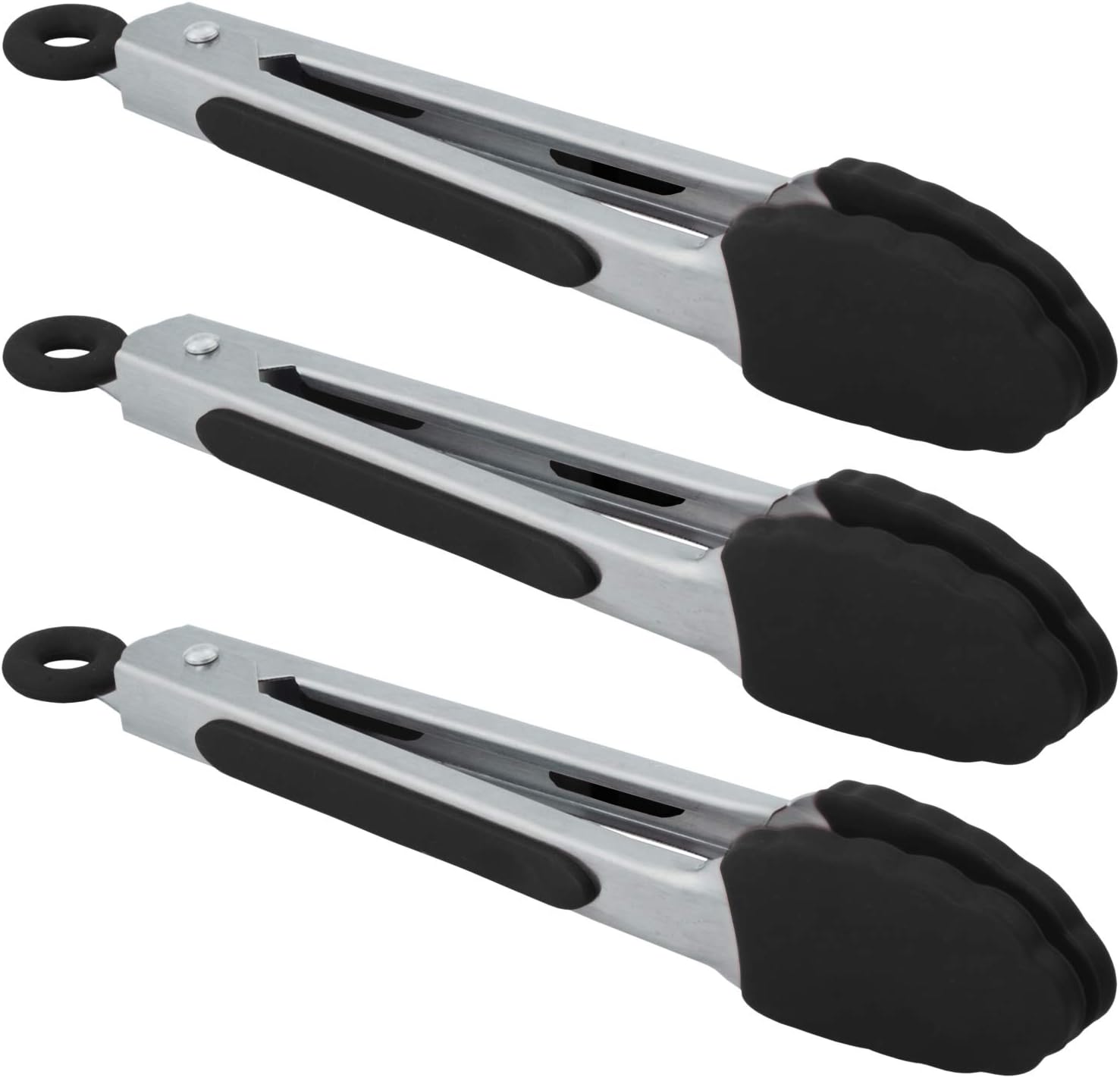 Small Serving Tongs with Silicone Tips 7 Inch Mini Stainless Steel Food Tongs, Set of 3 (Black) - Image 1