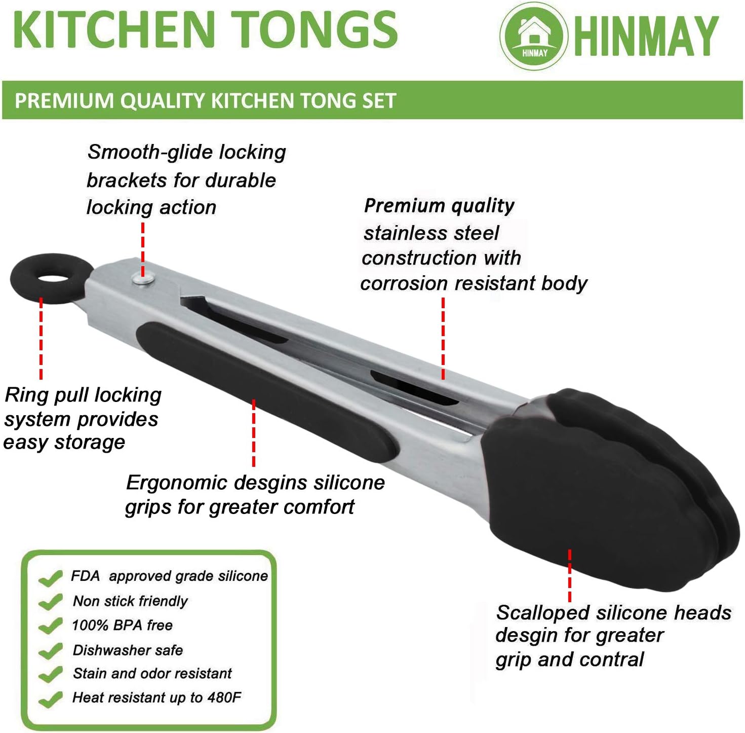 Small Serving Tongs with Silicone Tips 7 Inch Mini Stainless Steel Food Tongs, Set of 3 (Black) - Image 3