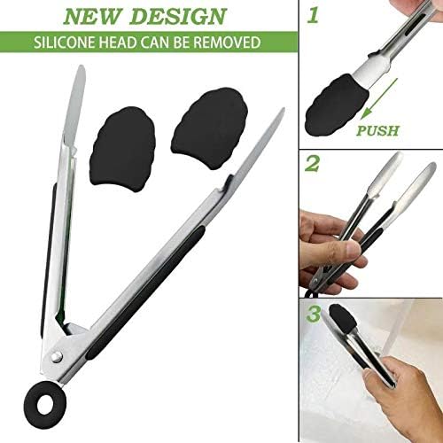 Small Serving Tongs with Silicone Tips 7 Inch Mini Stainless Steel Food Tongs, Set of 3 (Black) - Image 4