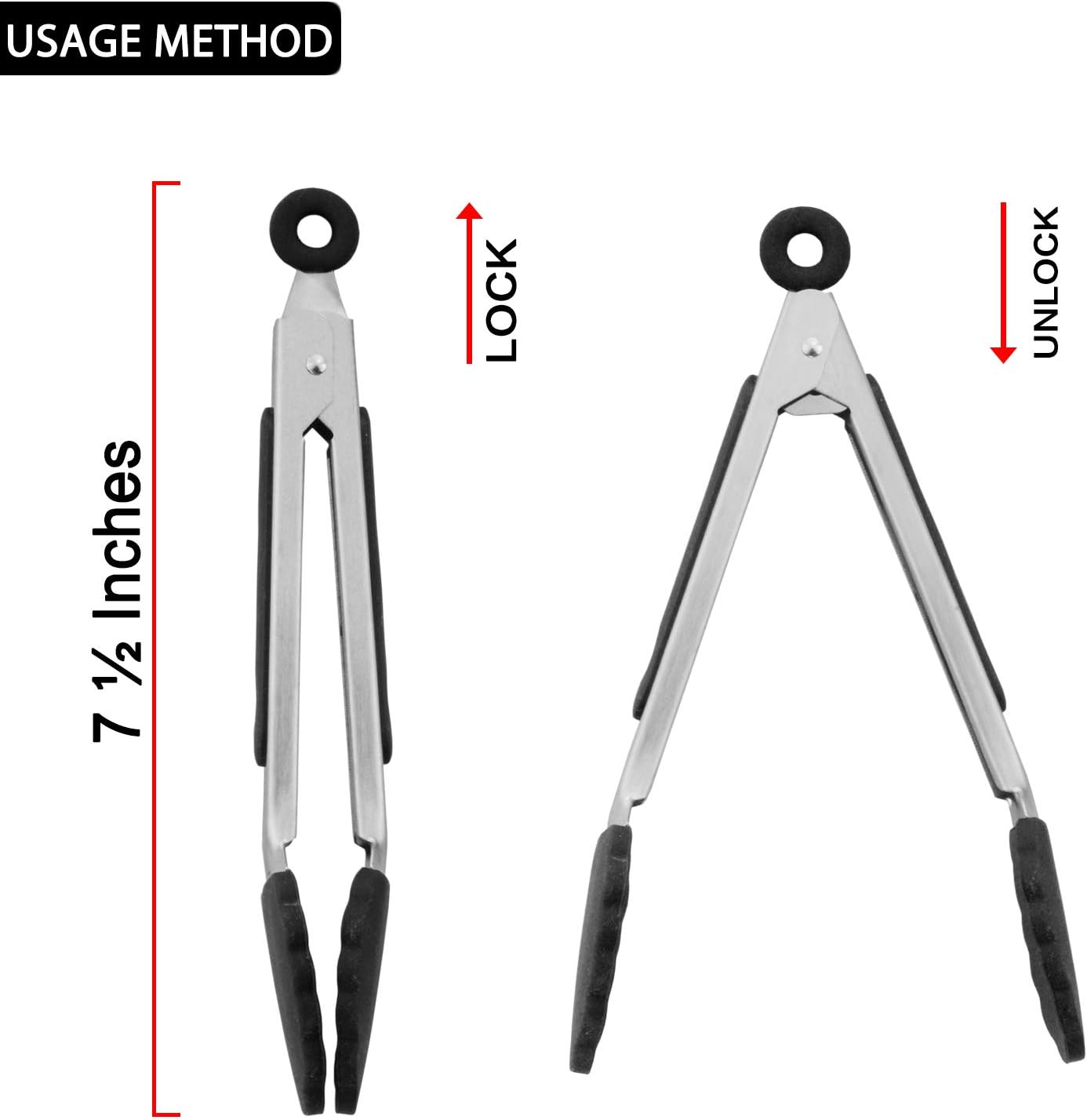 Small Serving Tongs with Silicone Tips 7 Inch Mini Stainless Steel Food Tongs, Set of 3 (Black) - Image 5