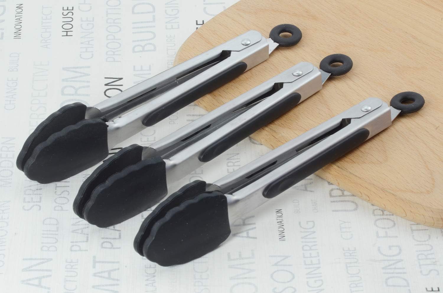 Small Serving Tongs with Silicone Tips 7 Inch Mini Stainless Steel Food Tongs, Set of 3 (Black) - Image 6