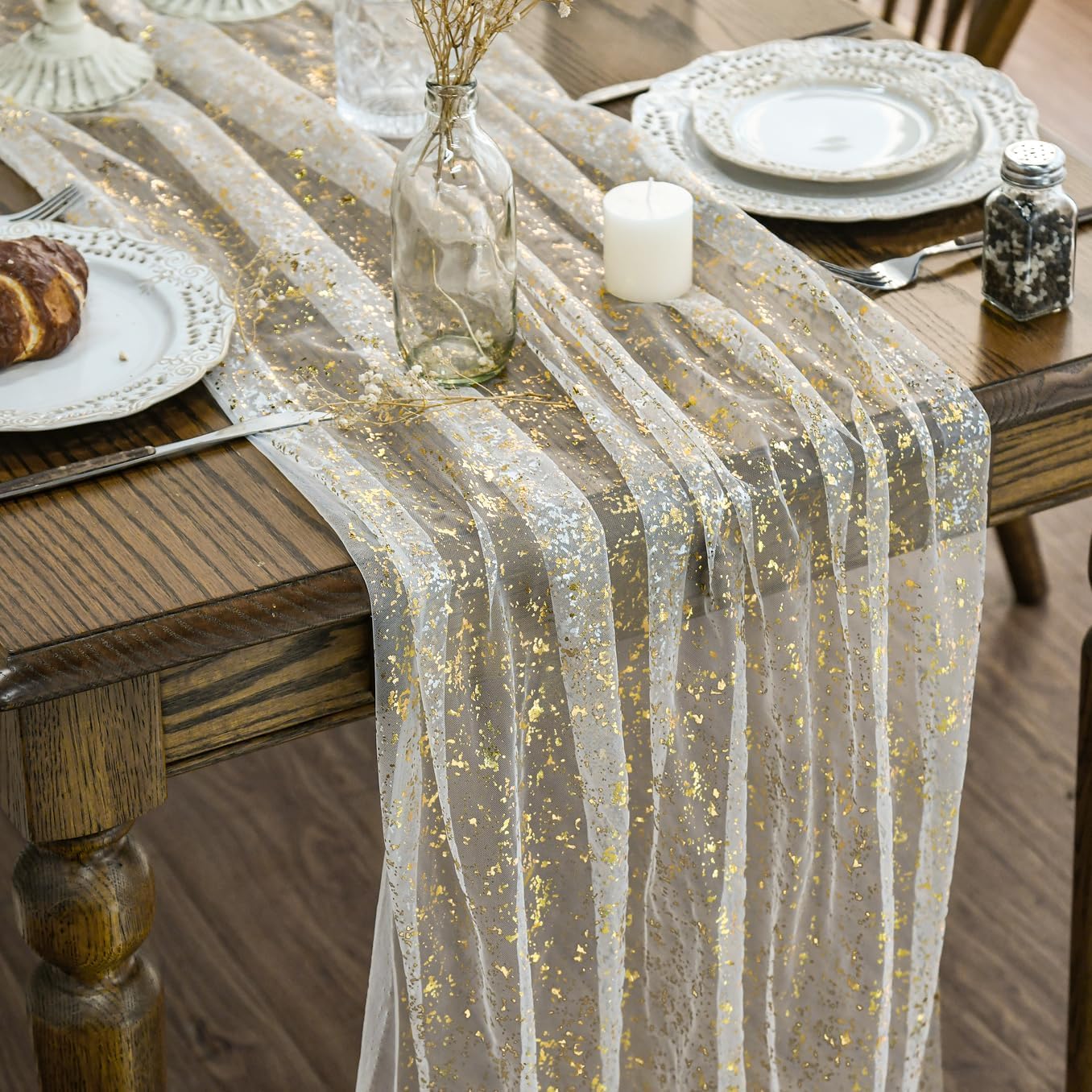 Beige Gold Gauze Table Runner 120 Inch 10FT, Glitter llic Foil Sheer Dining Wedding Anniversary Holiday Birthday Table Decor for Home Party - Image 1