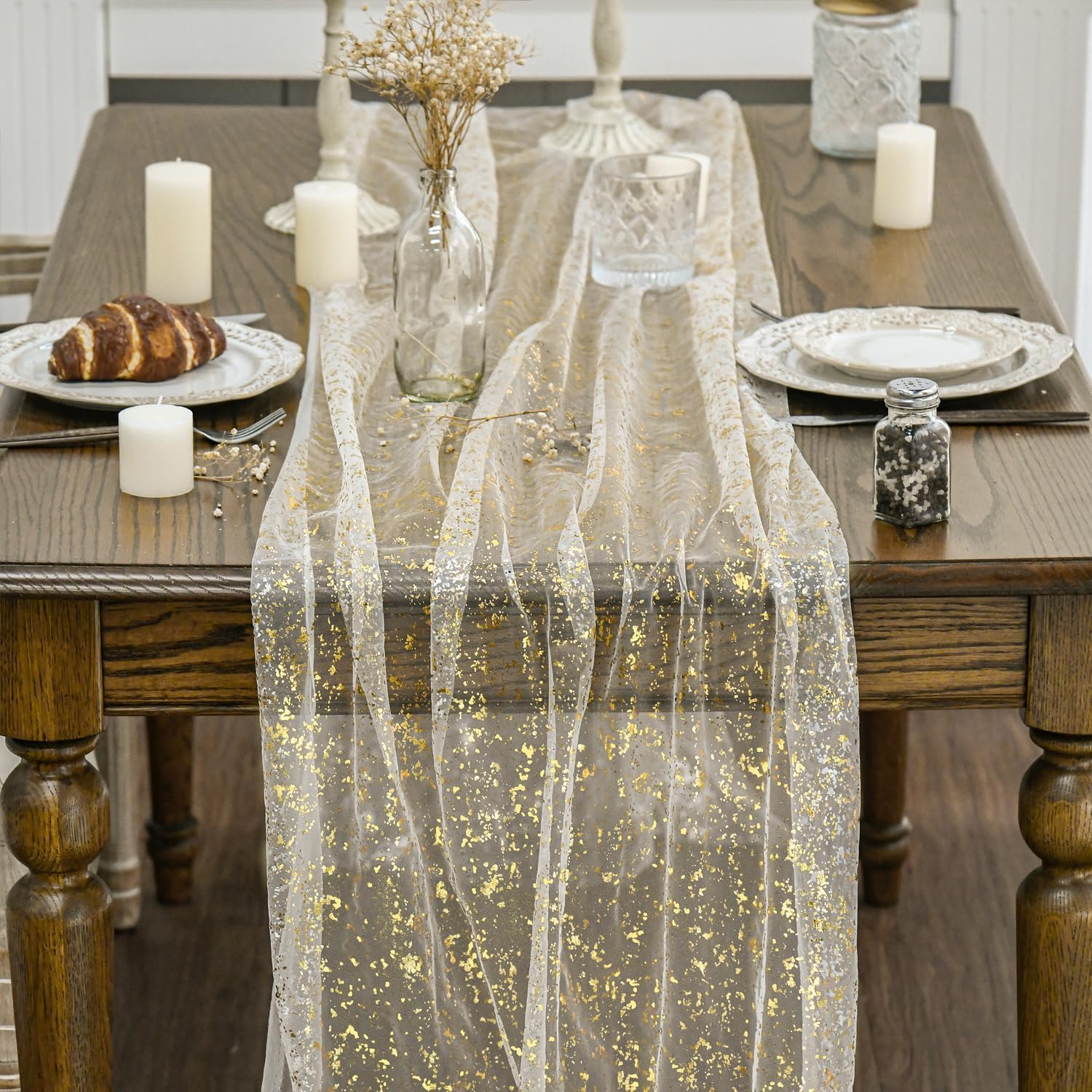 Beige Gold Gauze Table Runner 120 Inch 10FT, Glitter llic Foil Sheer Dining Wedding Anniversary Holiday Birthday Table Decor for Home Party - Image 2