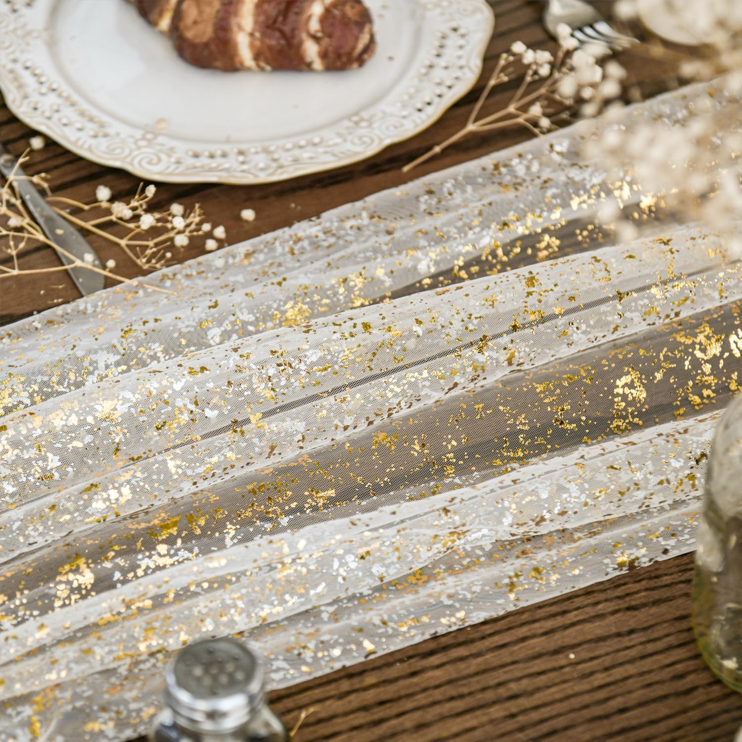 Beige Gold Gauze Table Runner 120 Inch 10FT, Glitter llic Foil Sheer Dining Wedding Anniversary Holiday Birthday Table Decor for Home Party - Image 3