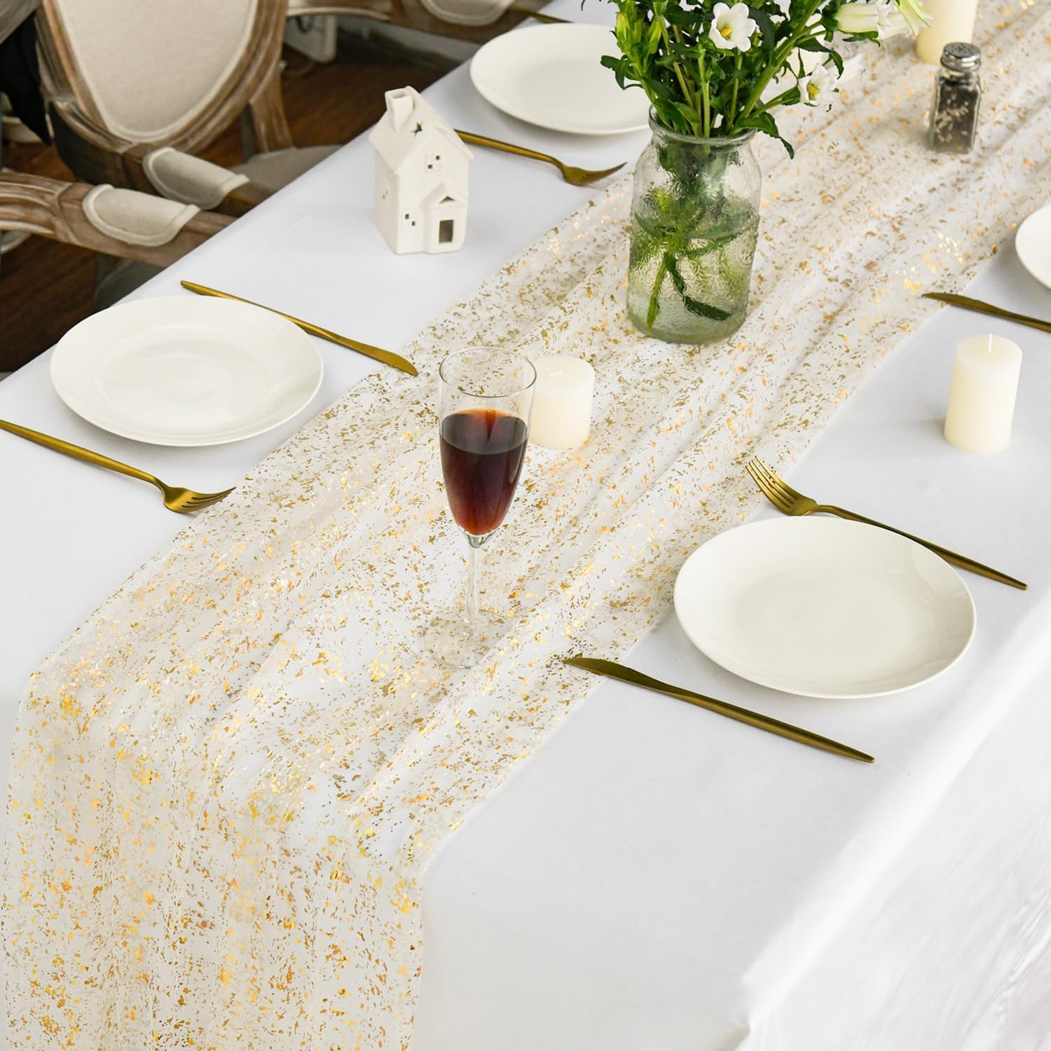 Beige Gold Gauze Table Runner 120 Inch 10FT, Glitter llic Foil Sheer Dining Wedding Anniversary Holiday Birthday Table Decor for Home Party - Image 4