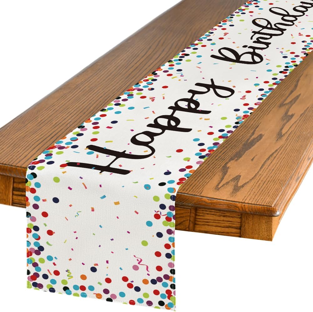 Polka Dot Beige Happy Birthday Table Runner, Seasonal Kitchen Dining Table Decoration for Home Party Decor 13x72 Inch - Image 1
