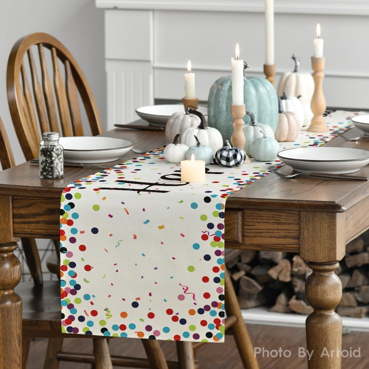 Polka Dot Beige Happy Birthday Table Runner, Seasonal Kitchen Dining Table Decoration for Home Party Decor 13x72 Inch - Image 2