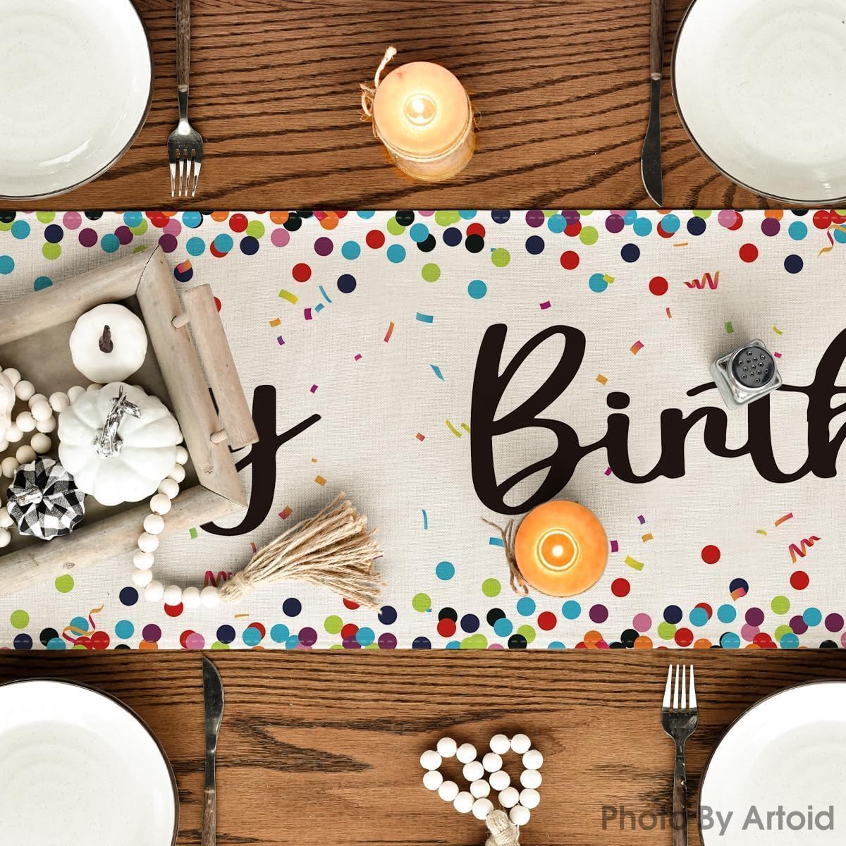 Polka Dot Beige Happy Birthday Table Runner, Seasonal Kitchen Dining Table Decoration for Home Party Decor 13x72 Inch - Image 3