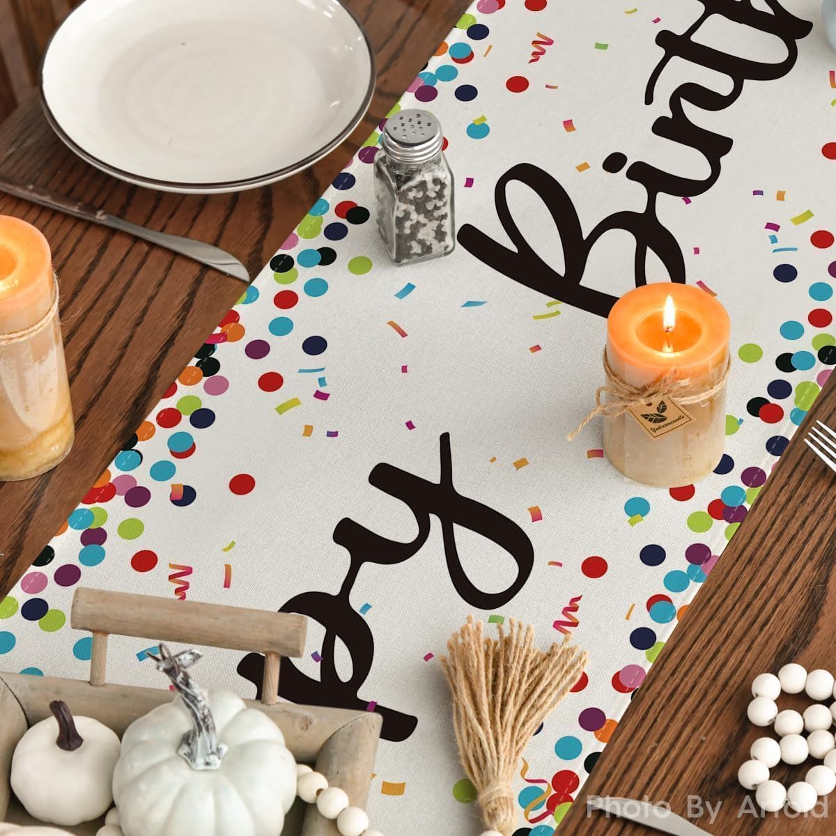 Polka Dot Beige Happy Birthday Table Runner, Seasonal Kitchen Dining Table Decoration for Home Party Decor 13x72 Inch - Image 4