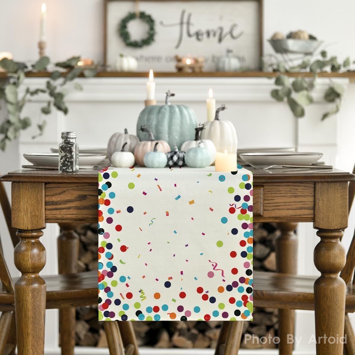 Polka Dot Beige Happy Birthday Table Runner, Seasonal Kitchen Dining Table Decoration for Home Party Decor 13x72 Inch - Image 7