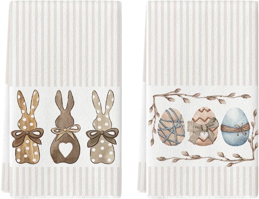 Stripe Rabbit Bunny Eggs Easter Kitchen Towels Dish Towels, 18x26 Inch Spring Decoration Hand Towels Set of 2 - Image 1